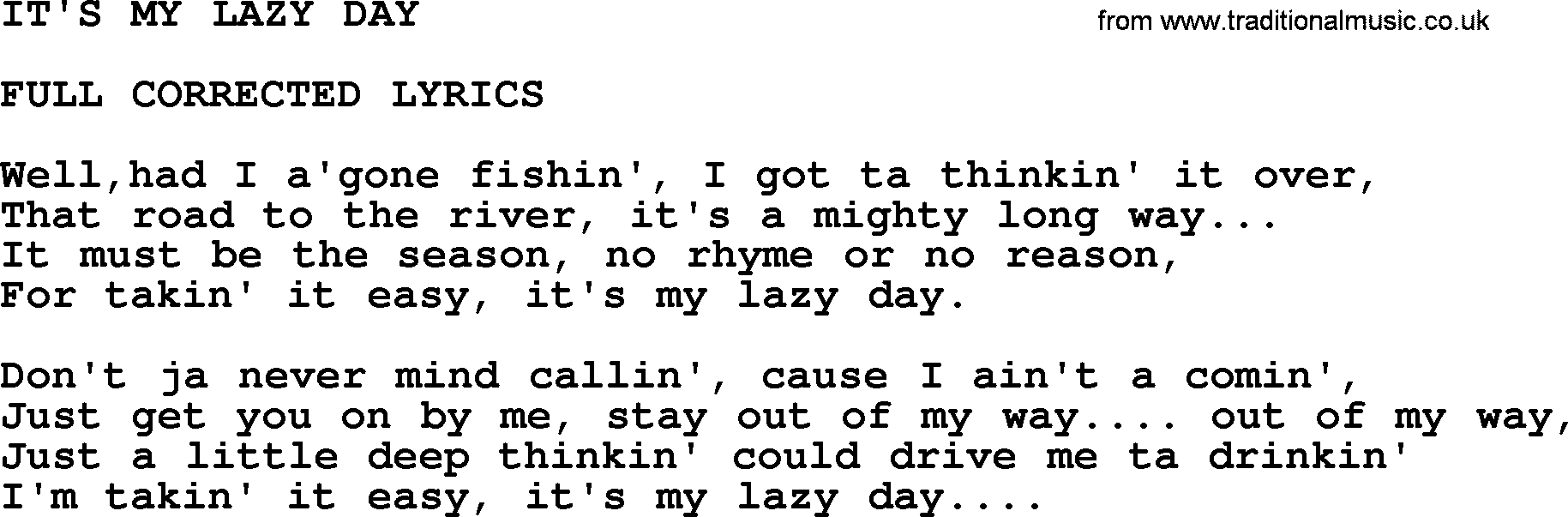 Merle Haggard song: It's My Lazy Day, lyrics.
