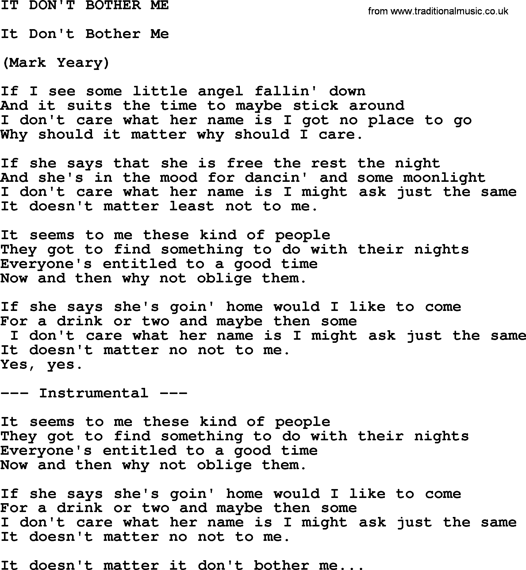 Merle Haggard song: It Don't Bother Me, lyrics.