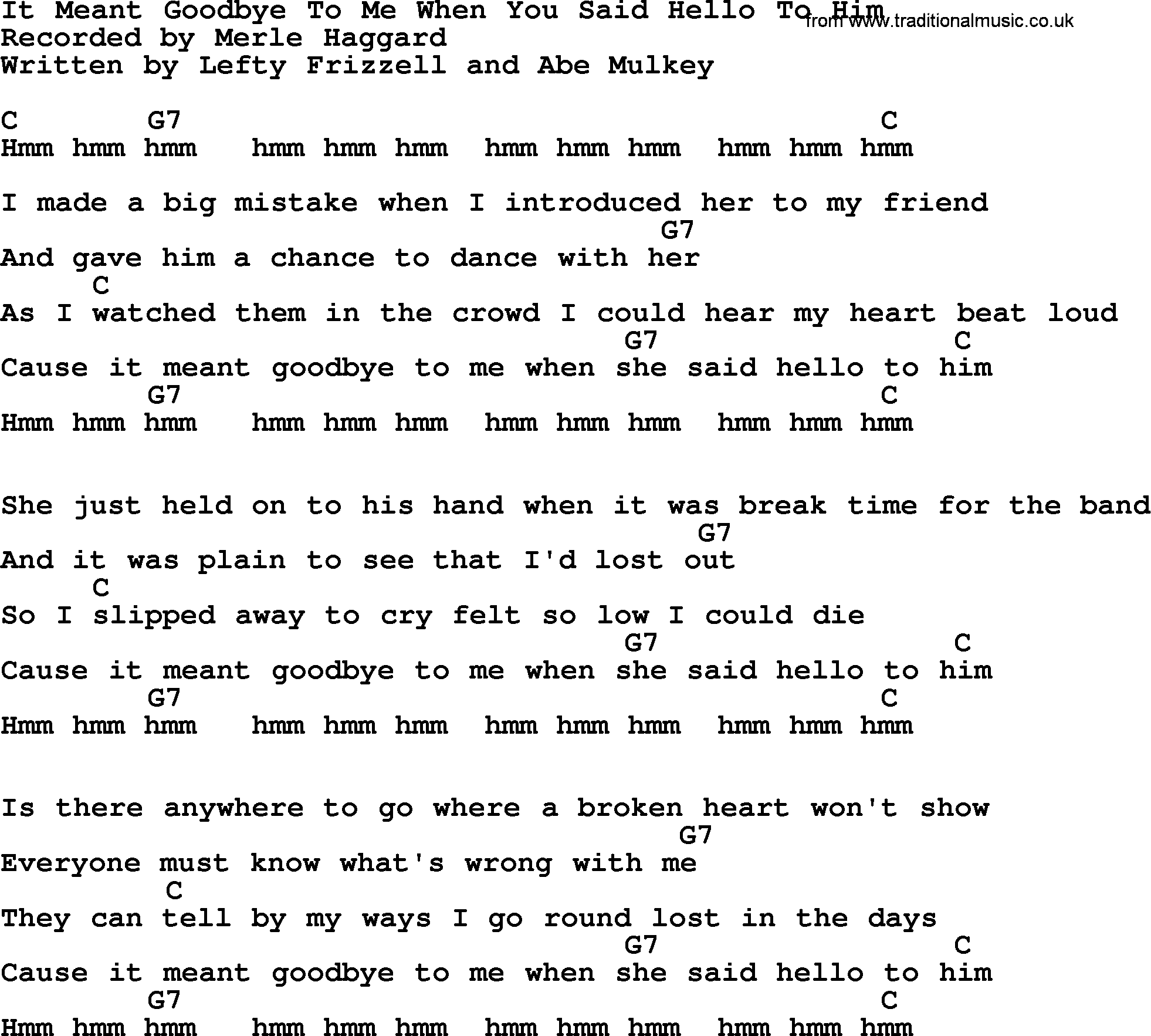 Merle Haggard song: It Meant Goodbye To Me When You Said Hello To Him, lyrics and chords