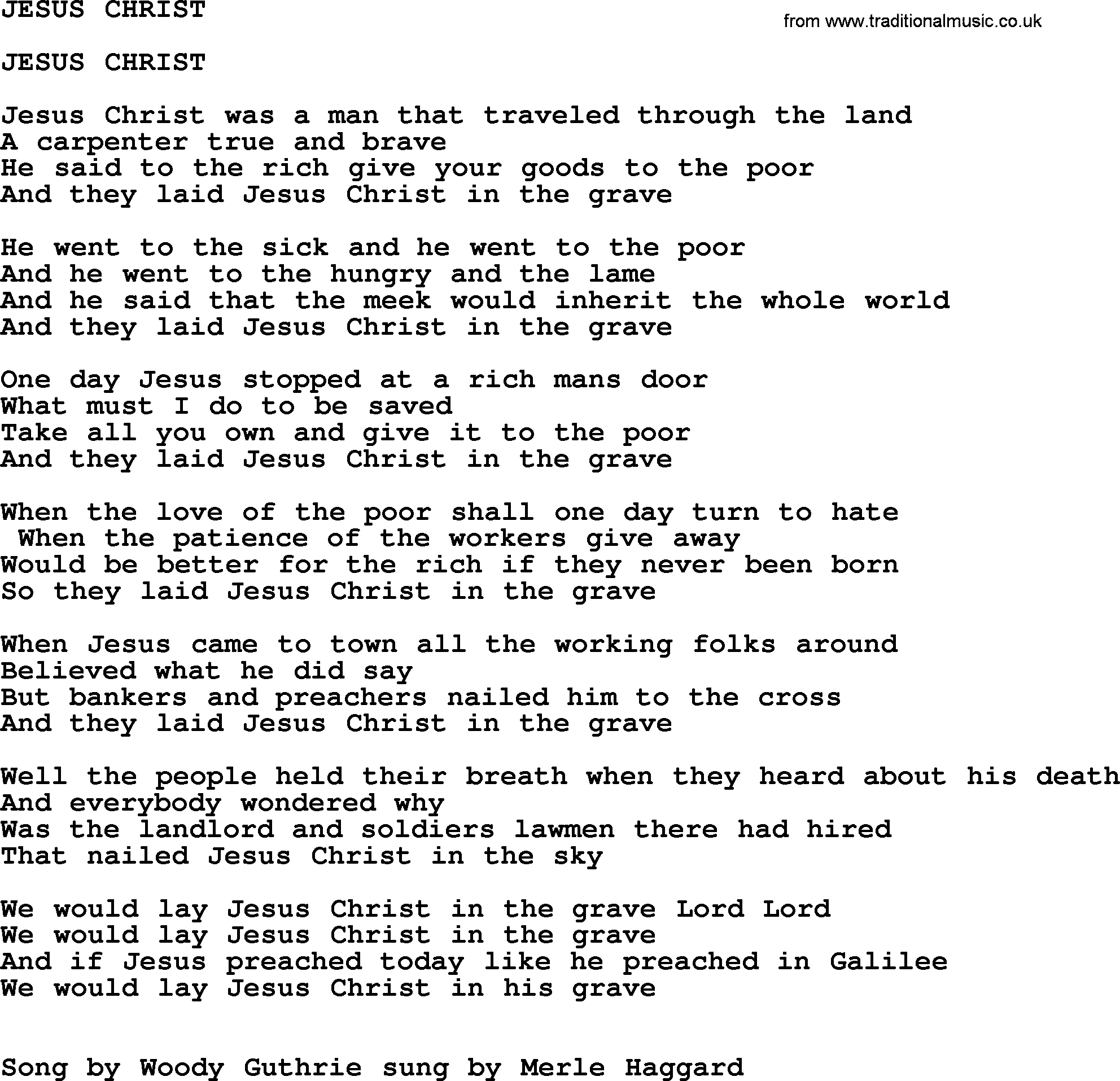Merle Haggard song: Jesus Christ, lyrics.