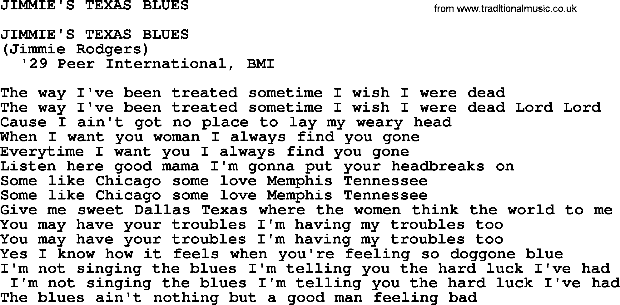 Merle Haggard song: Jimmie's Texas Blues, lyrics.