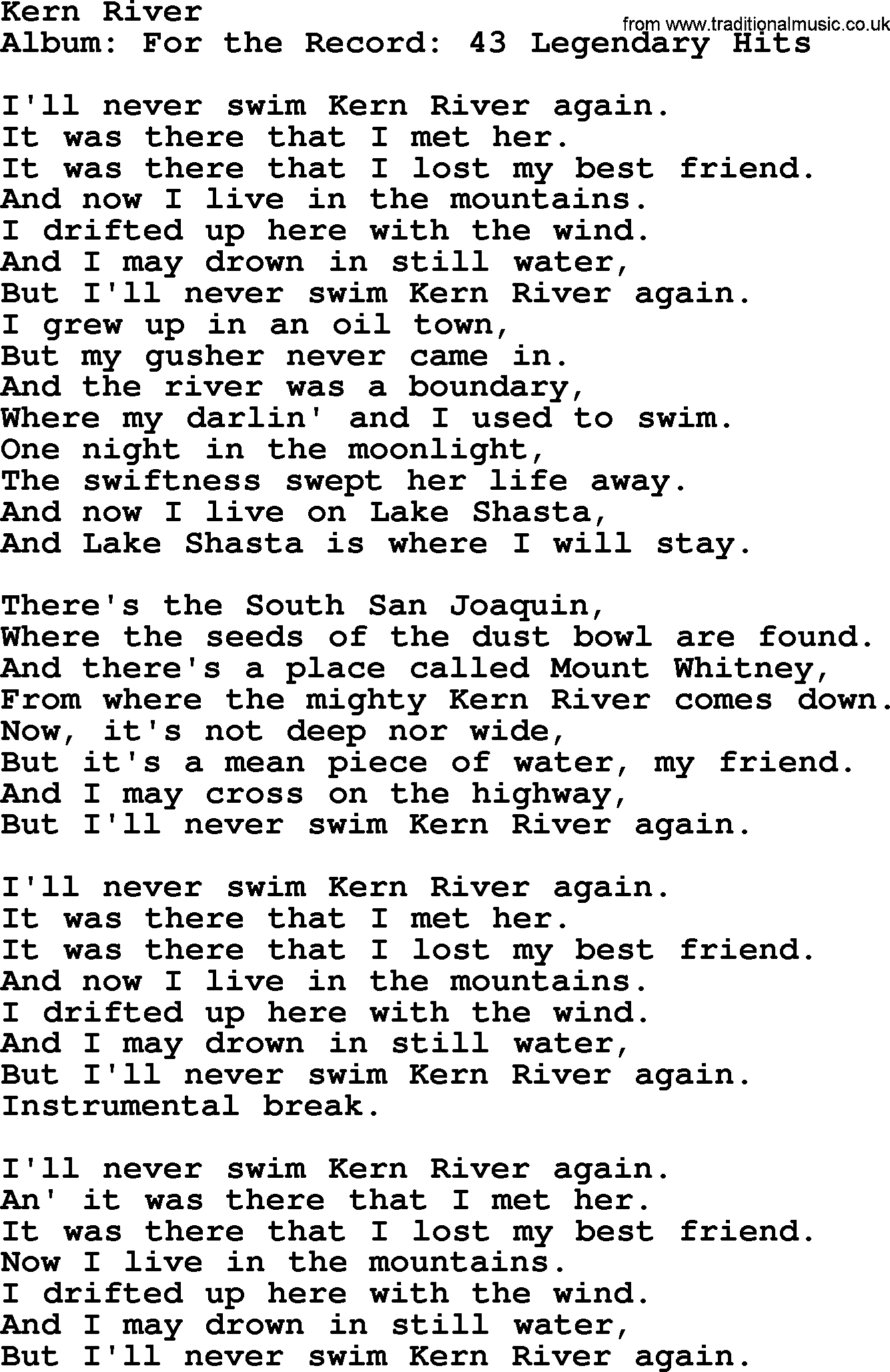 Merle Haggard song: Kern River, lyrics.