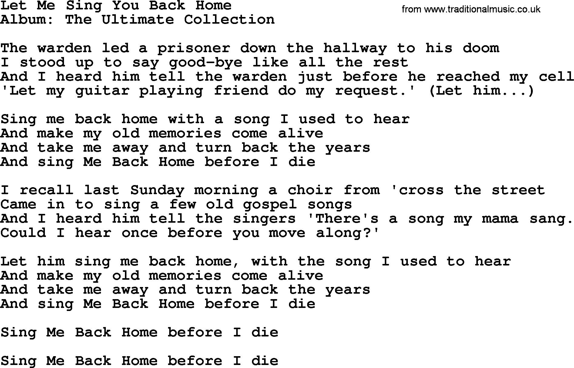 Merle Haggard song: Let Me Sing You Back Home, lyrics.