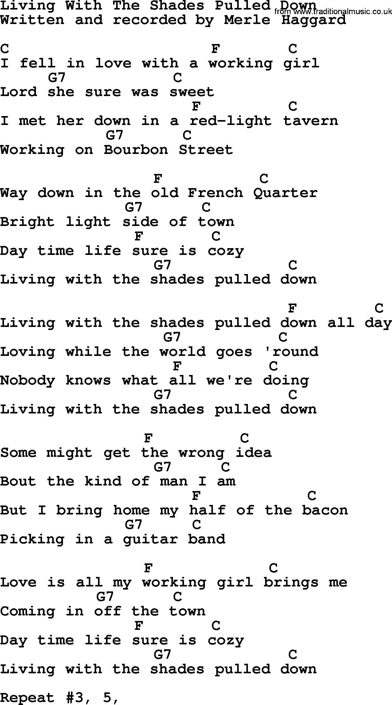 Merle Haggard song: Living With The Shades Pulled Down, lyrics and chords