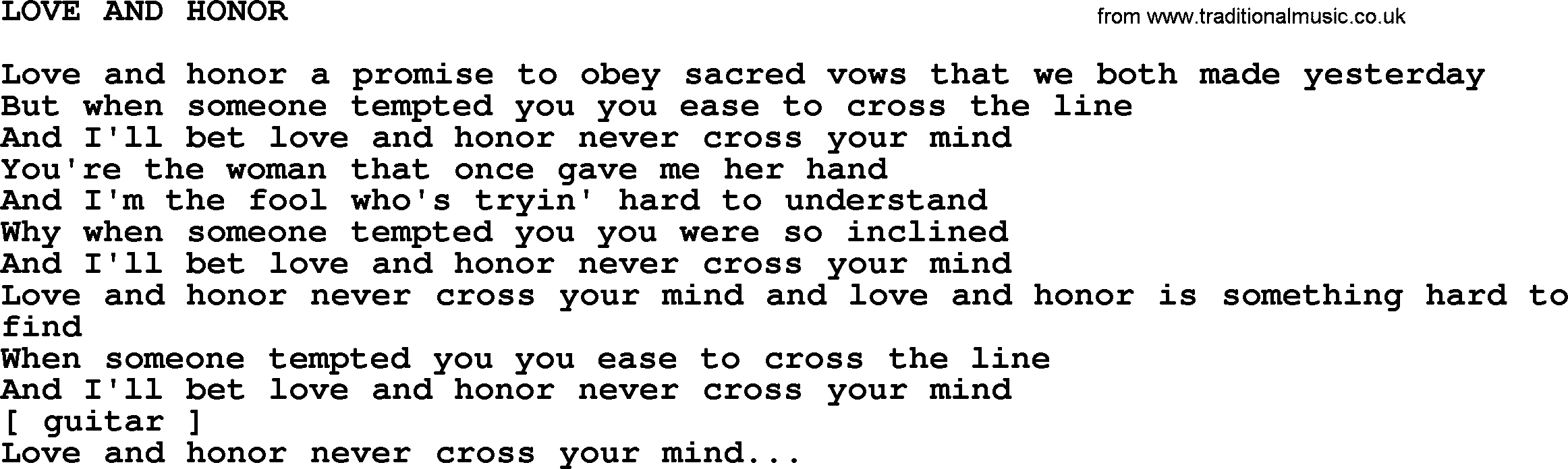 Merle Haggard song: Love And Honor, lyrics.