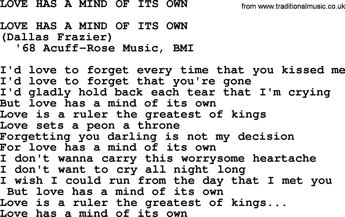 Merle Haggard song: Love Has A Mind Of Its Own, lyrics.