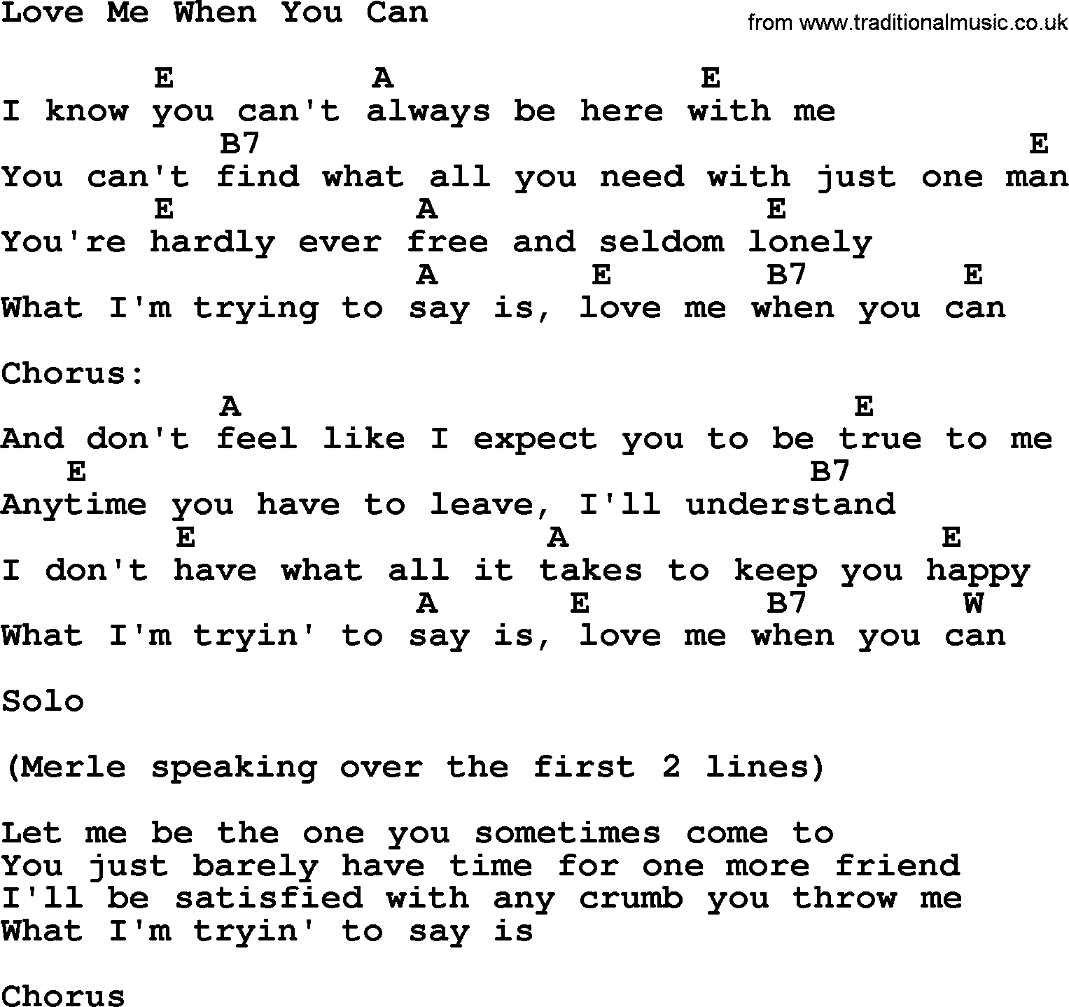 Merle Haggard song: Love Me When You Can, lyrics and chords