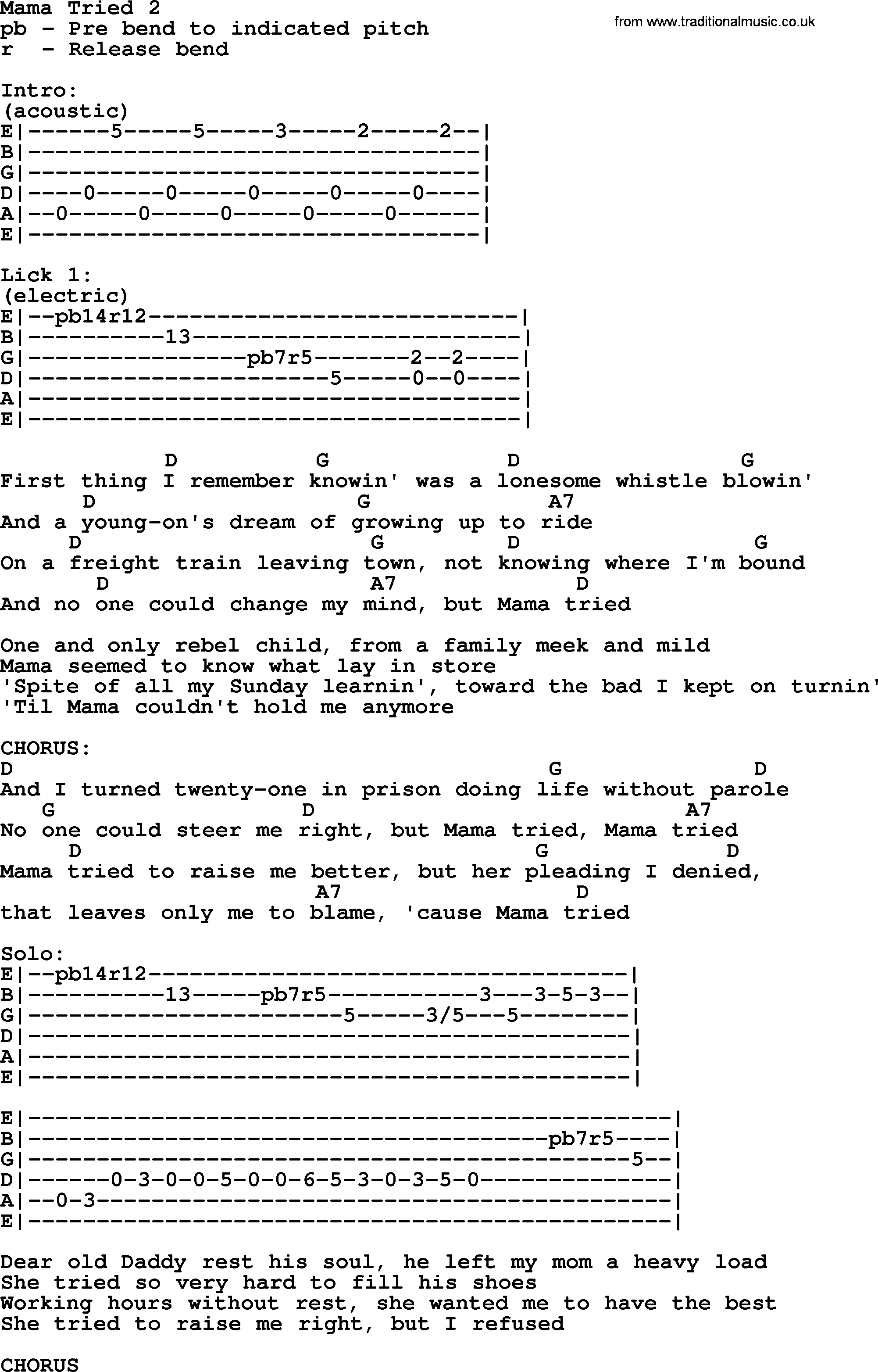 Merle Haggard song: Mama Tried 2, lyrics and chords