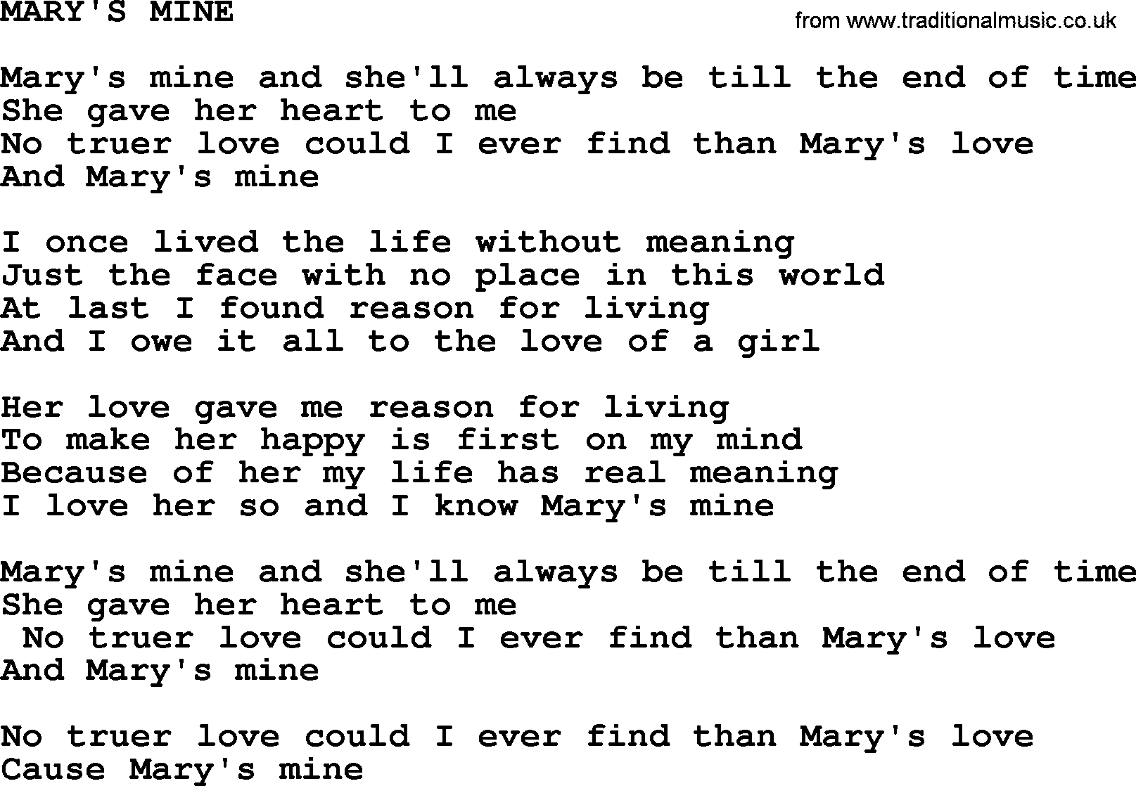 Merle Haggard song: Mary's Mine, lyrics.