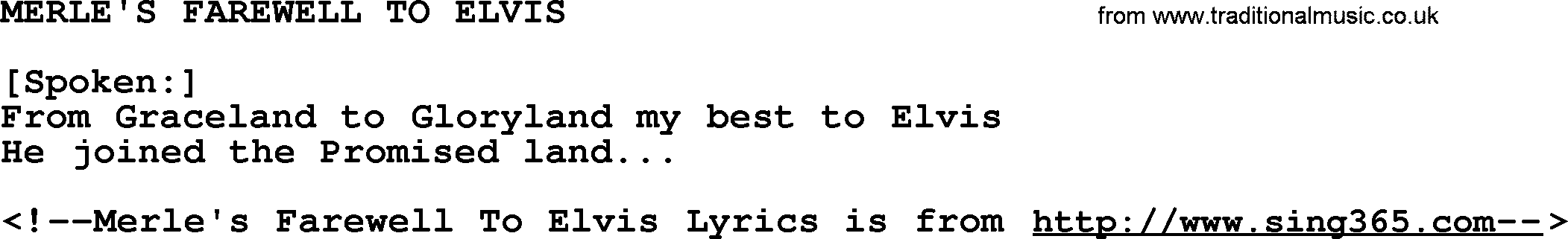 Merle Haggard song: Merle's Farewell To Elvis, lyrics.