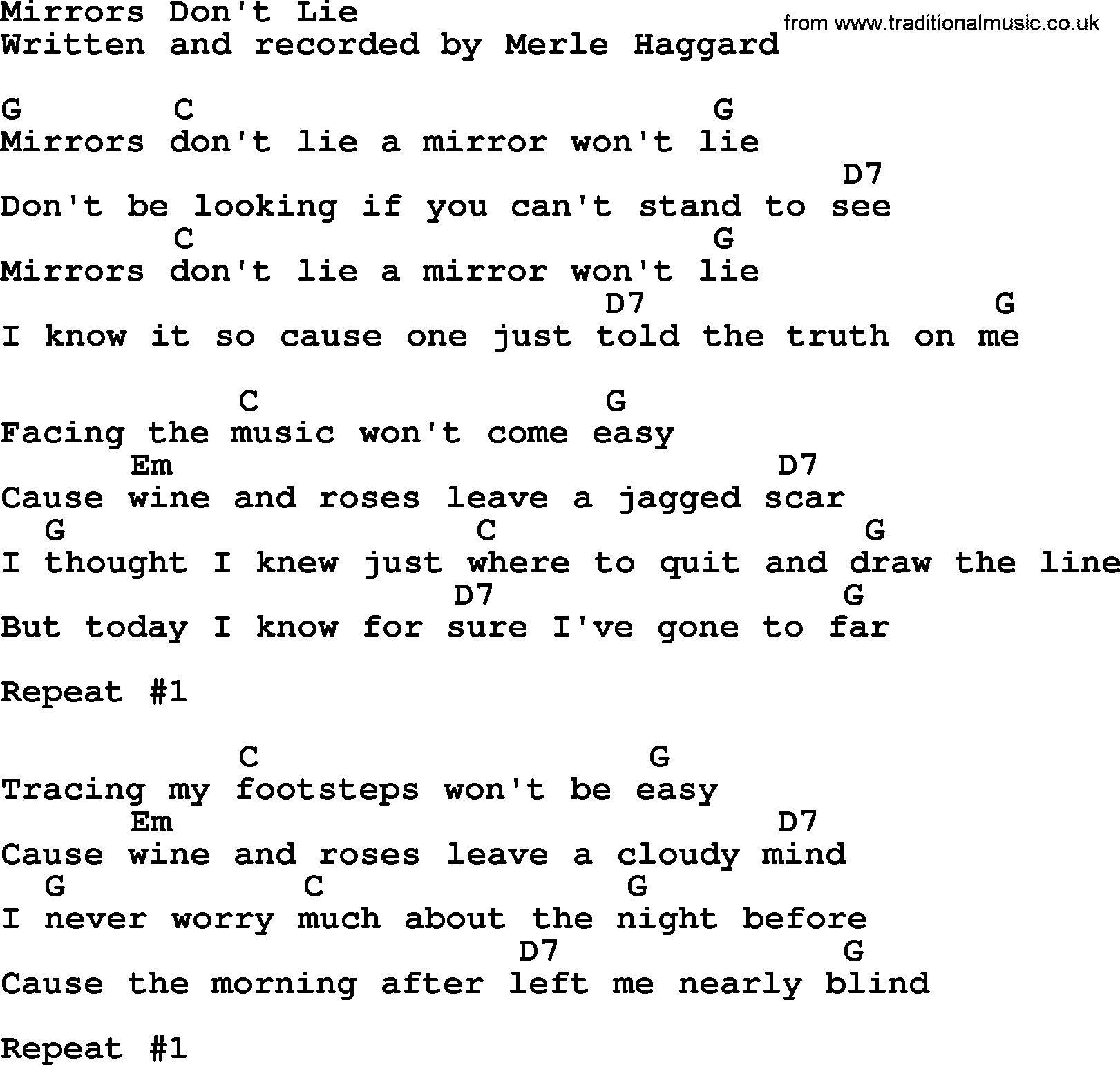 Merle Haggard song: Mirrors Don't Lie, lyrics and chords