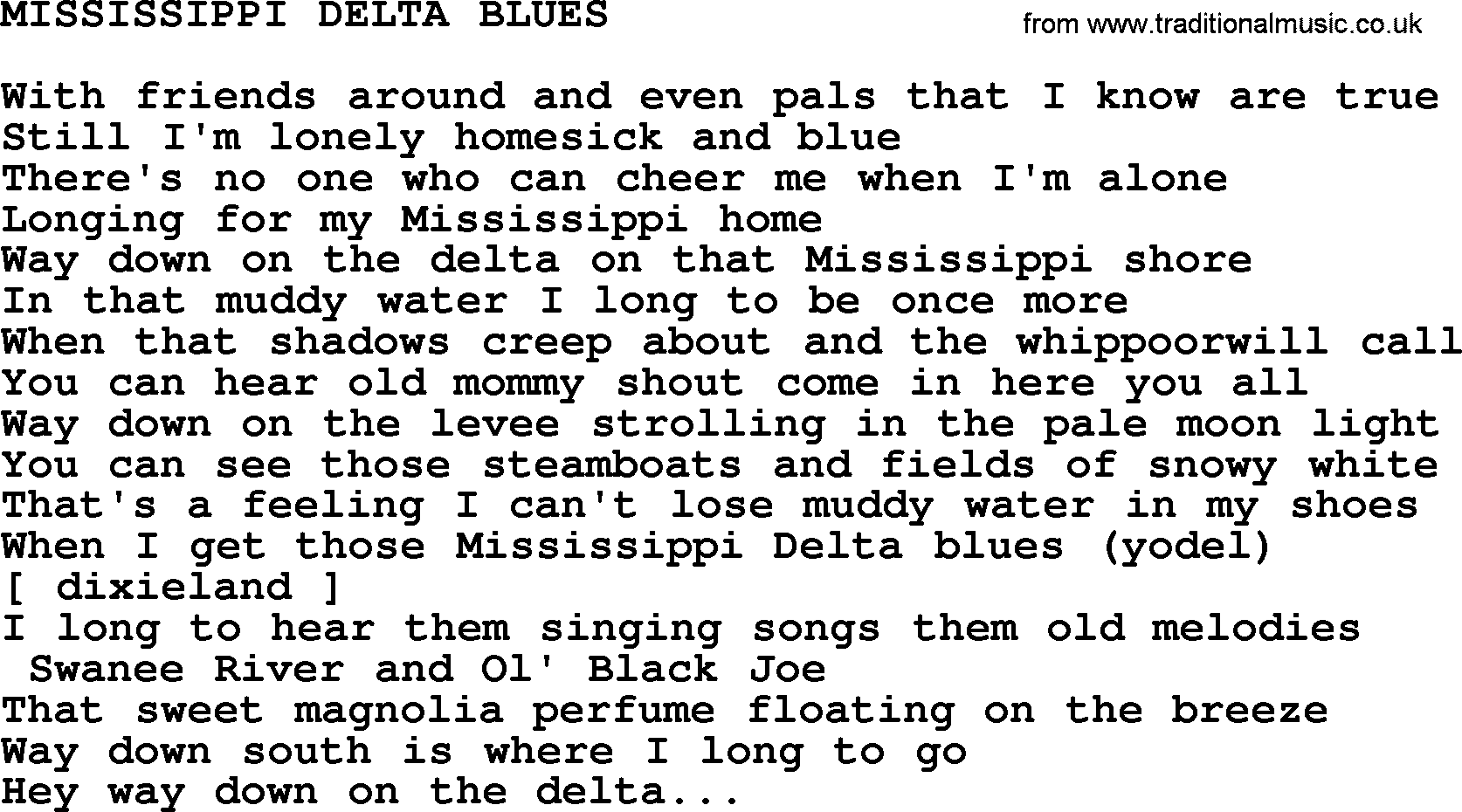 Merle Haggard song: Mississippi Delta Blues, lyrics.