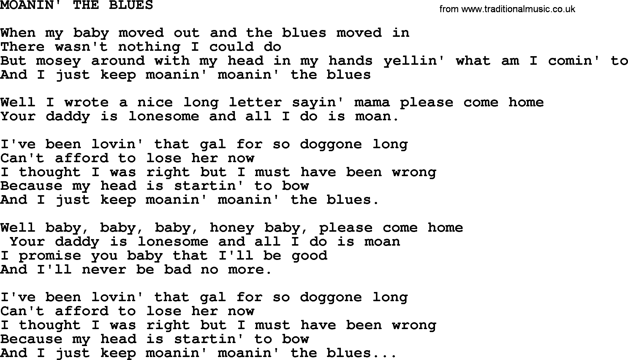 Merle Haggard song: Moanin' The Blues, lyrics.