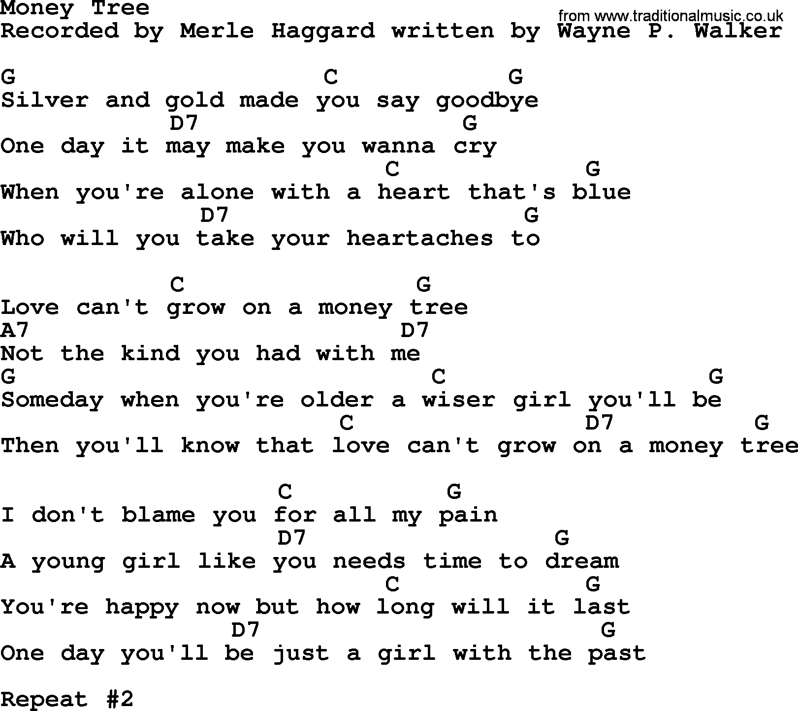 Merle Haggard song: Money Tree, lyrics and chords