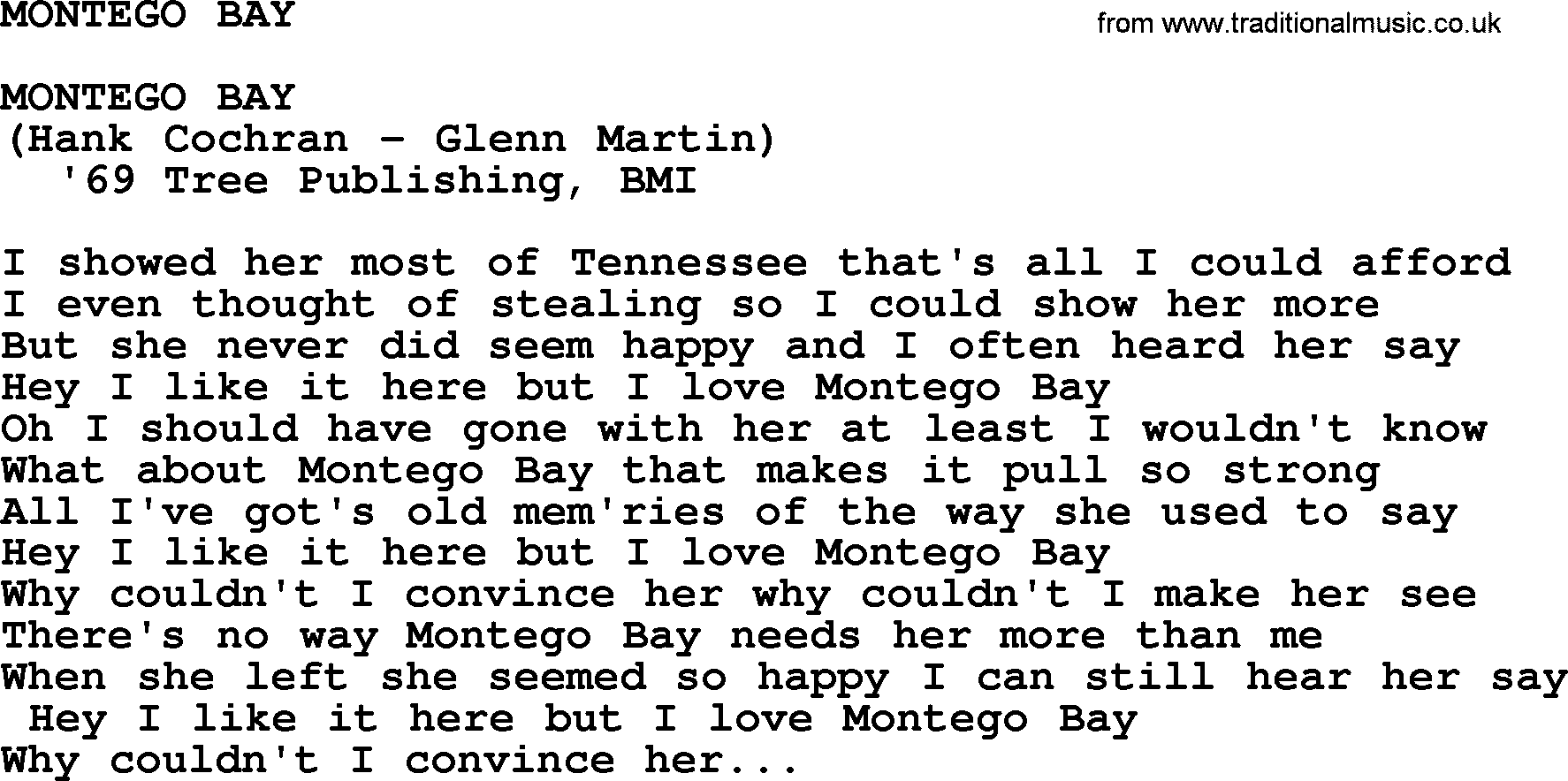 Merle Haggard song: Montego Bay, lyrics.