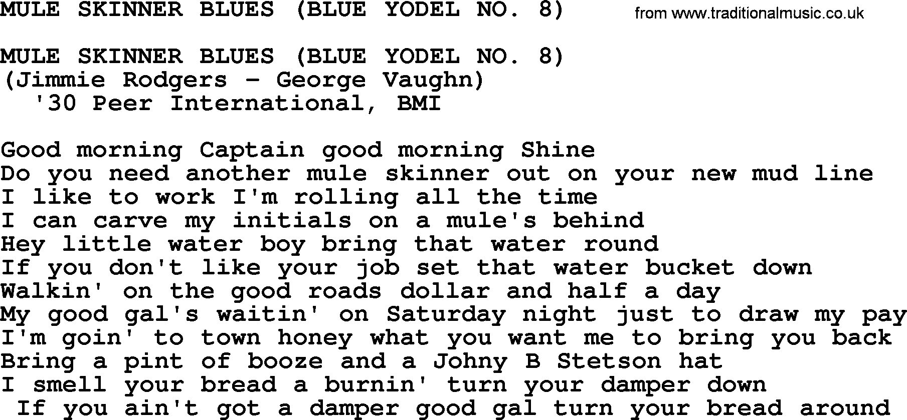 Merle Haggard song: Mule Skinner Blues Blue Yodel No 8, lyrics.