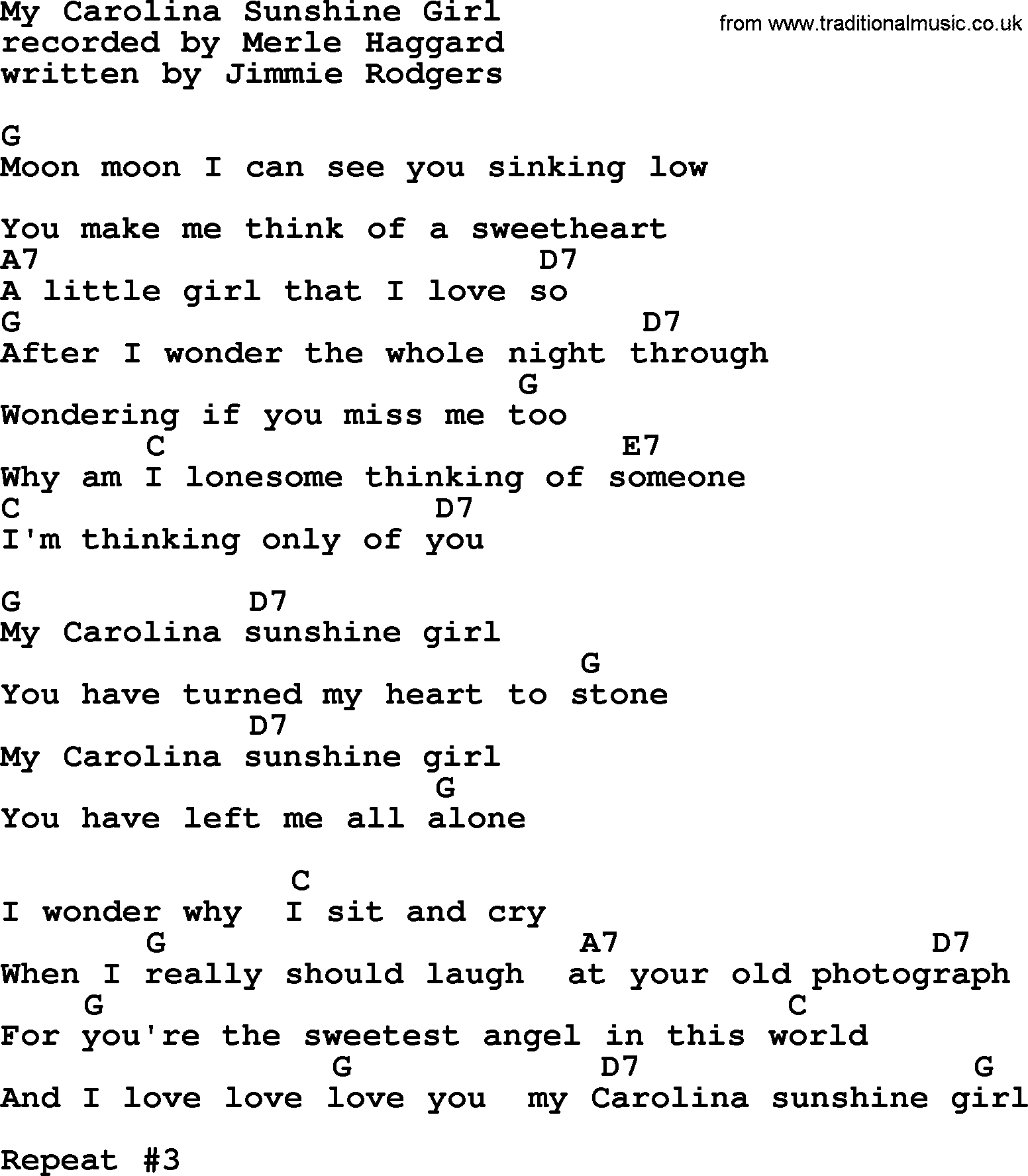 Merle Haggard song: My Carolina Sunshine Girl, lyrics and chords