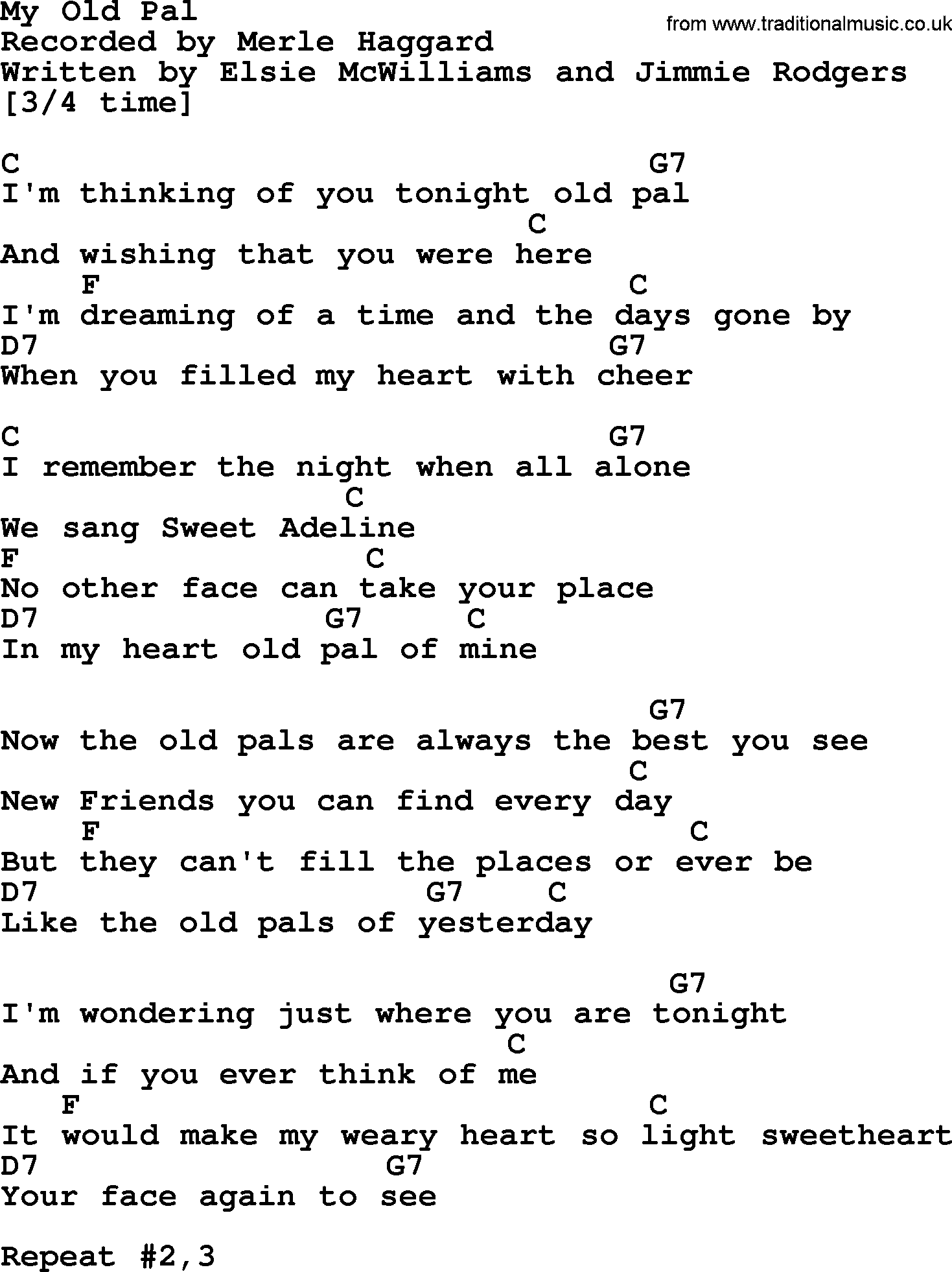 Merle Haggard song: My Old Pal, lyrics and chords