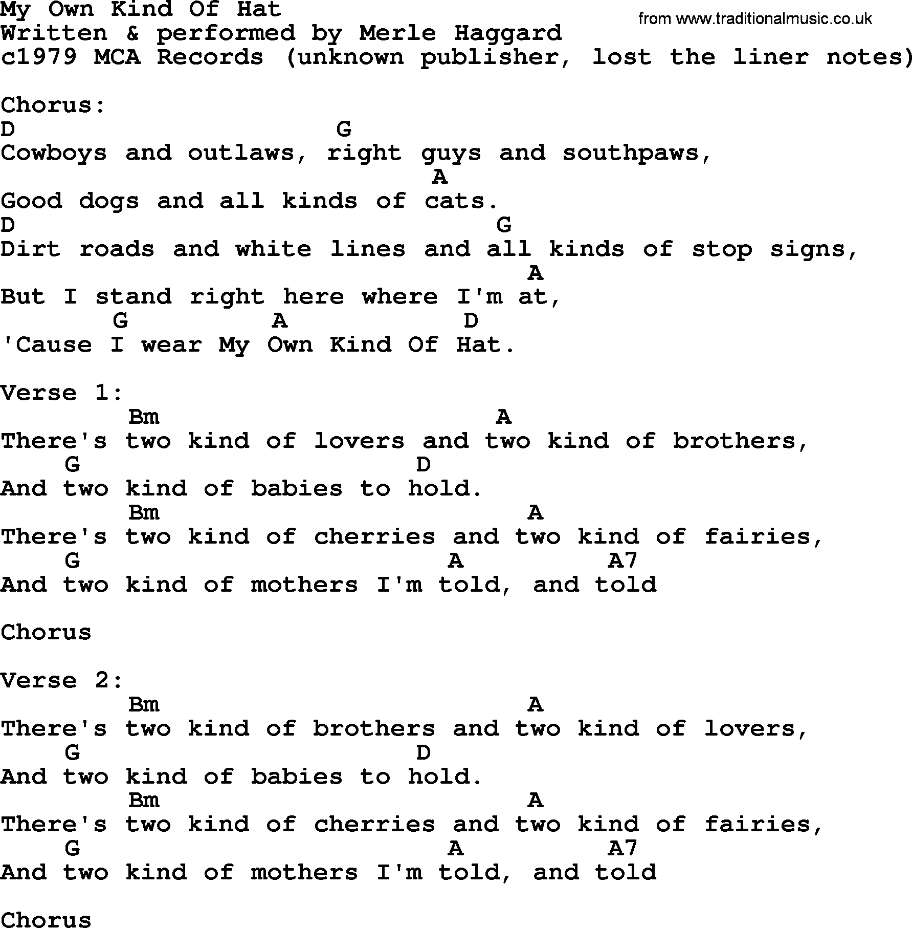 Merle Haggard song: My Own Kind Of Hat, lyrics and chords