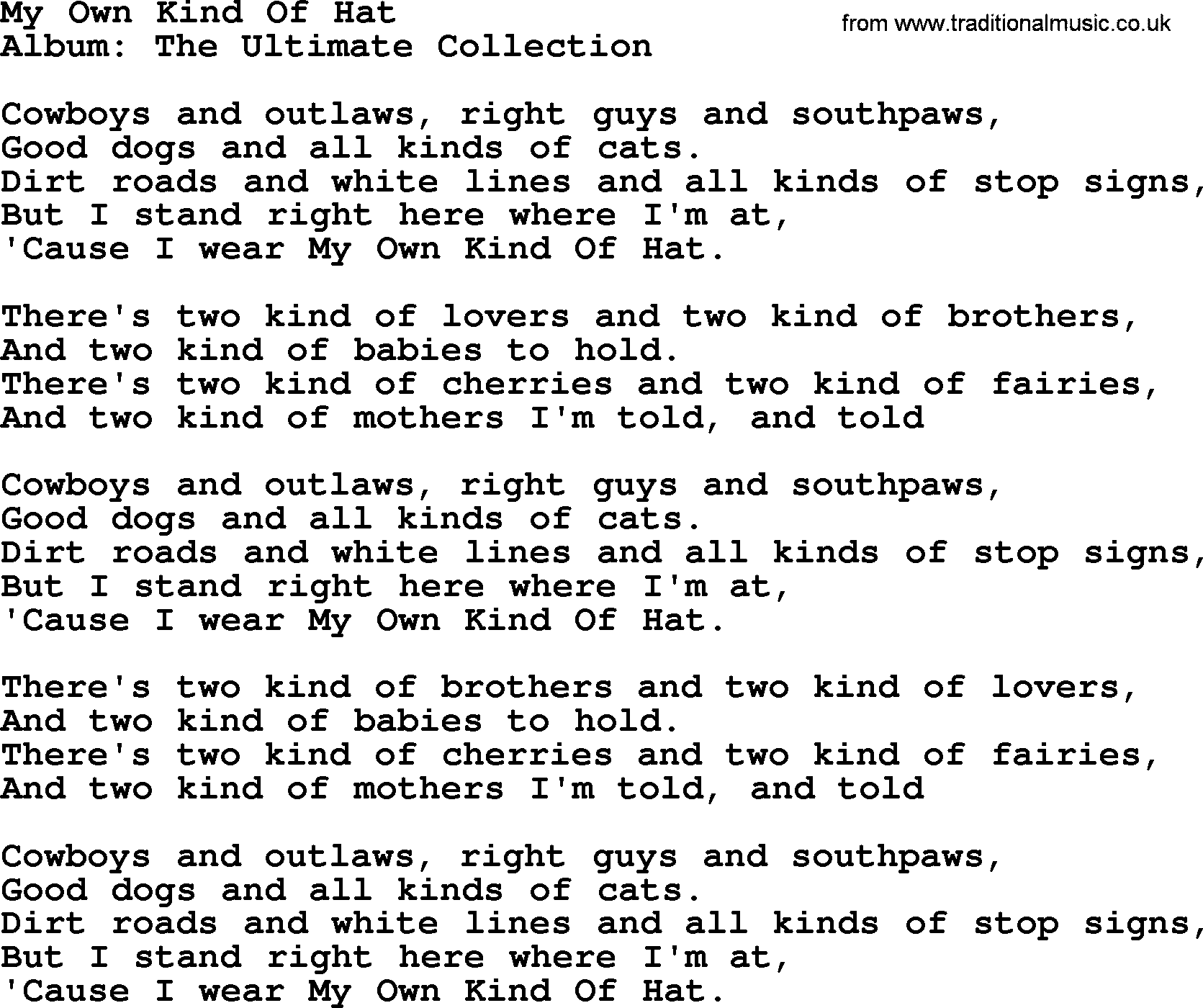 Merle Haggard song: My Own Kind Of Hat, lyrics.