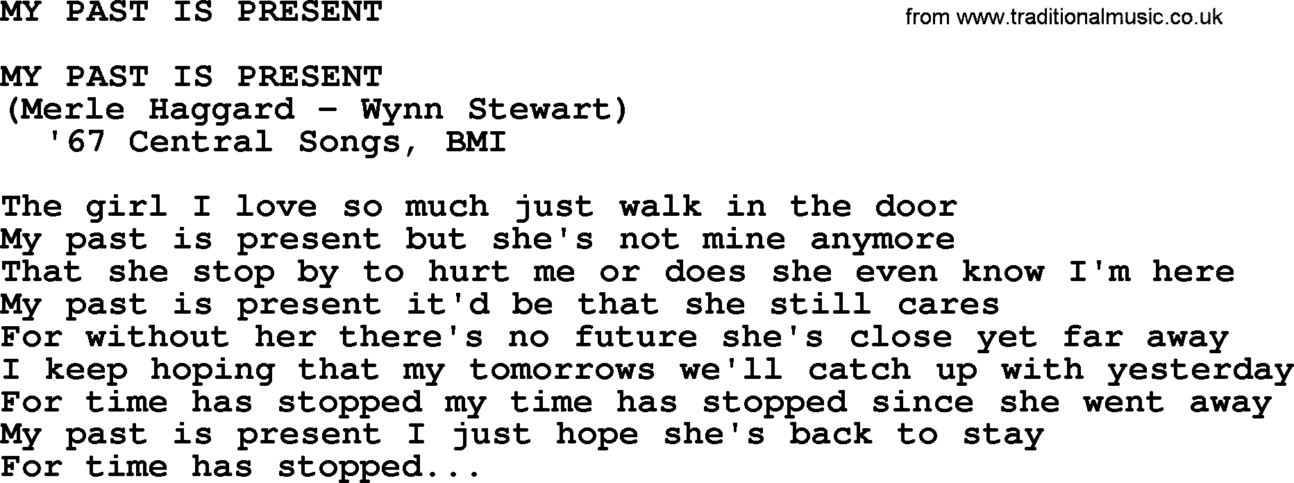 Merle Haggard song: My Past Is Present, lyrics.