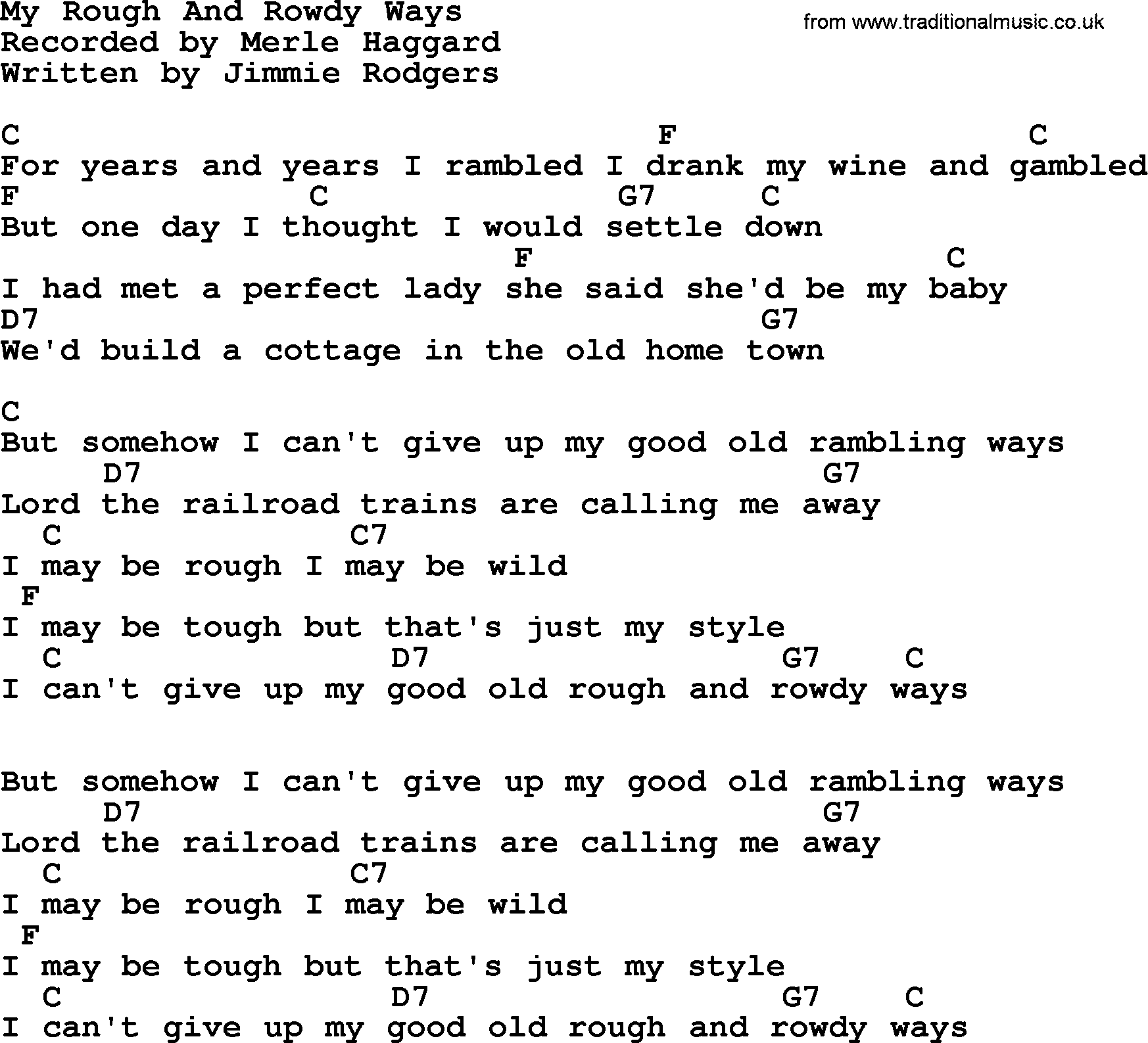 Merle Haggard song: My Rough And Rowdy Ways, lyrics and chords