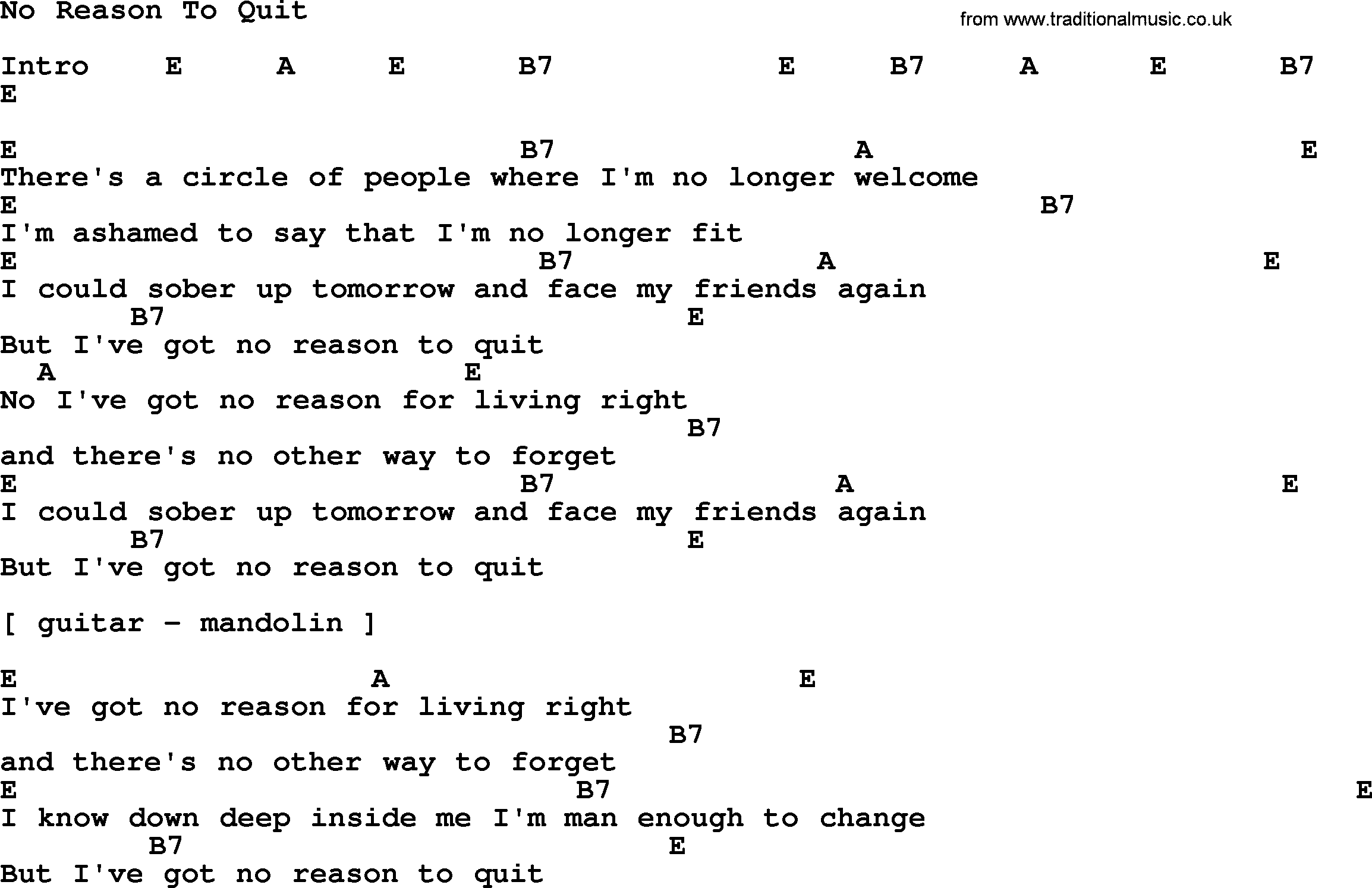 Merle Haggard song: No Reason To Quit, lyrics and chords