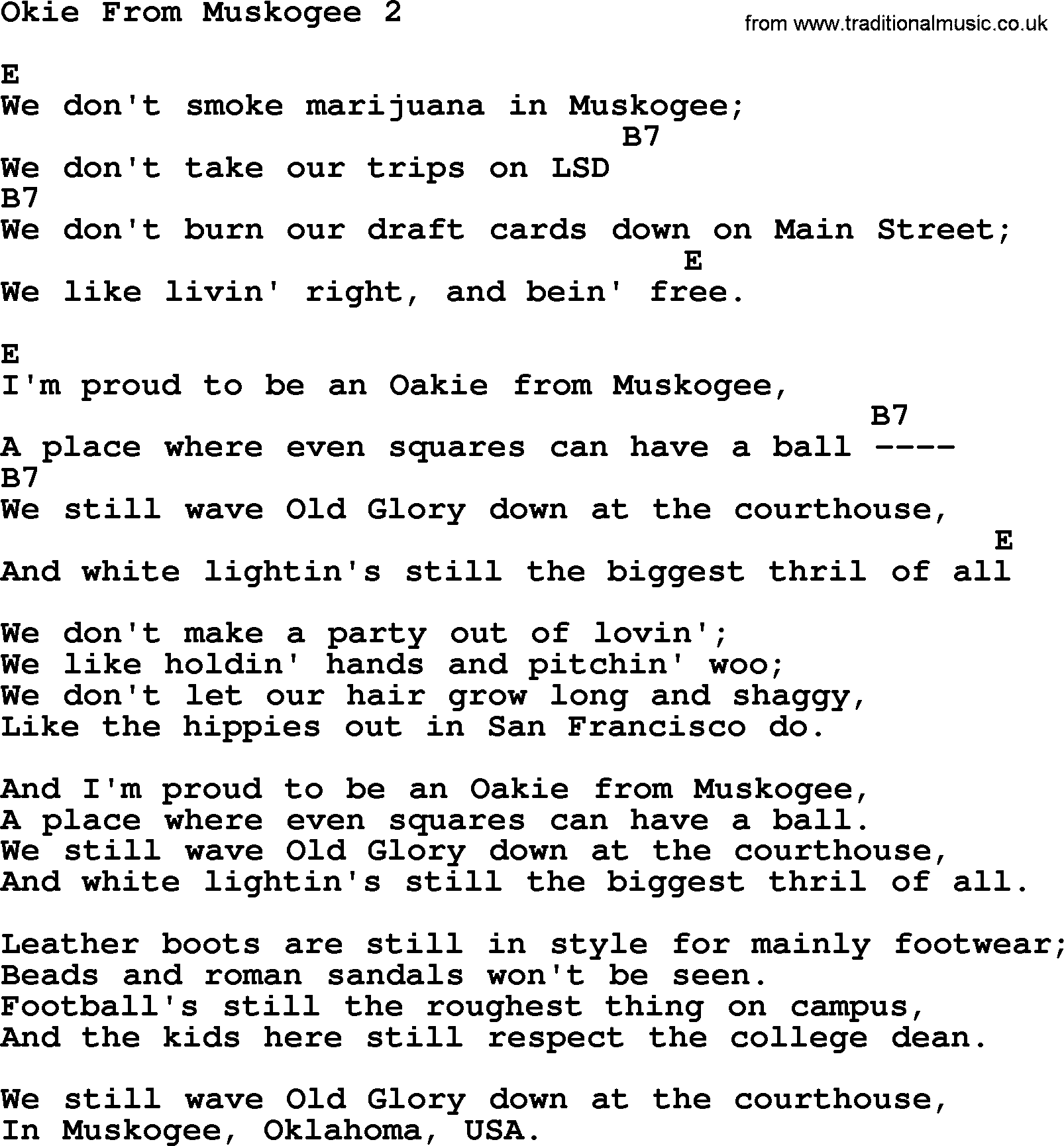 Merle Haggard song: Okie From Muskogee 2, lyrics and chords