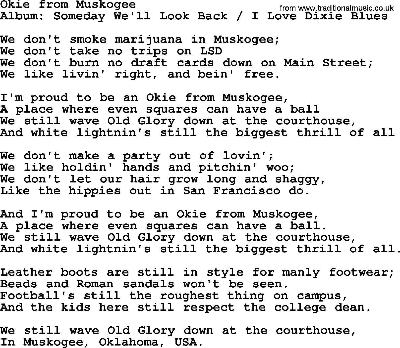 Merle Haggard song: Okie From Muskogee, lyrics.