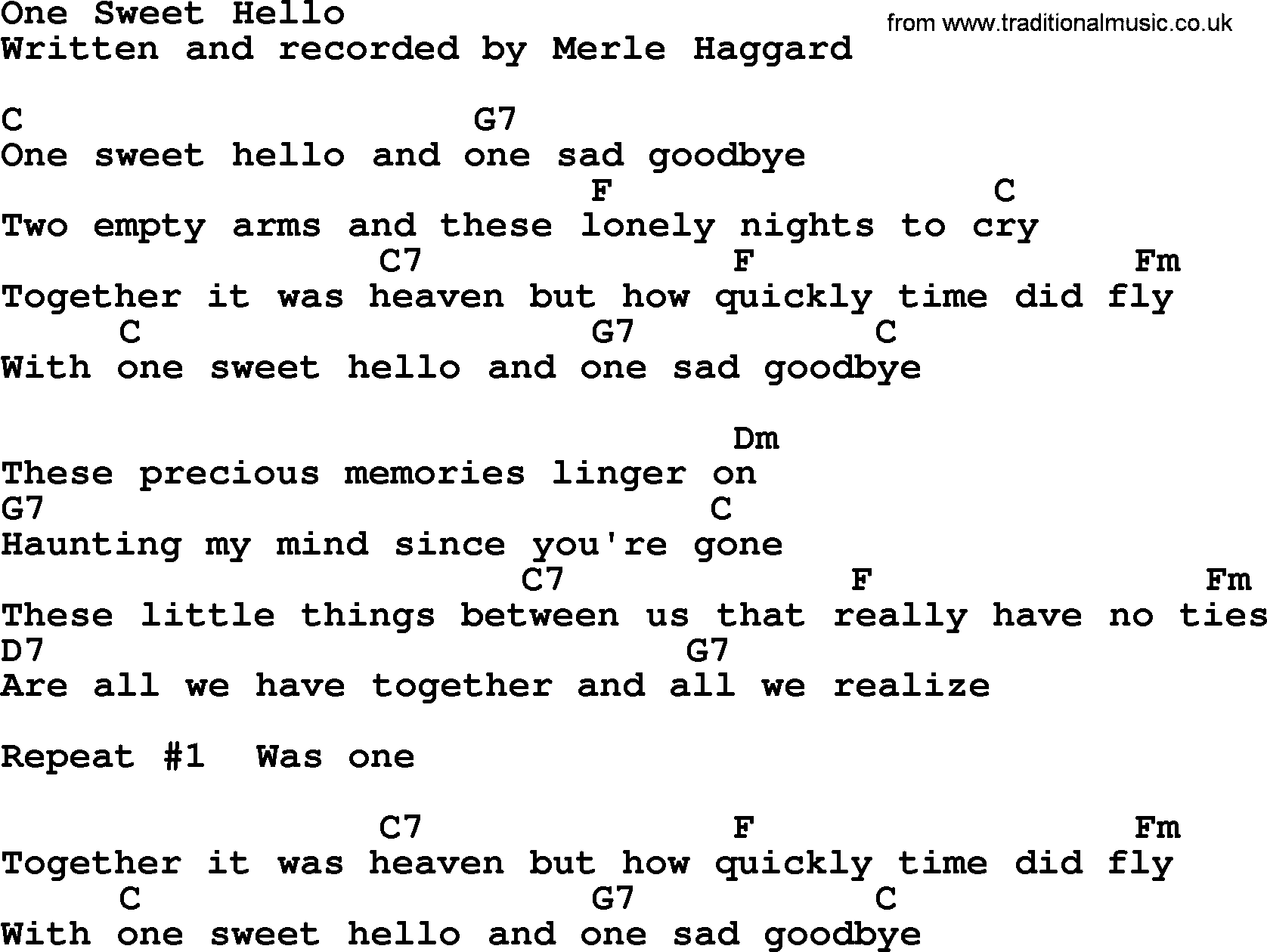 Merle Haggard song: One Sweet Hello, lyrics and chords