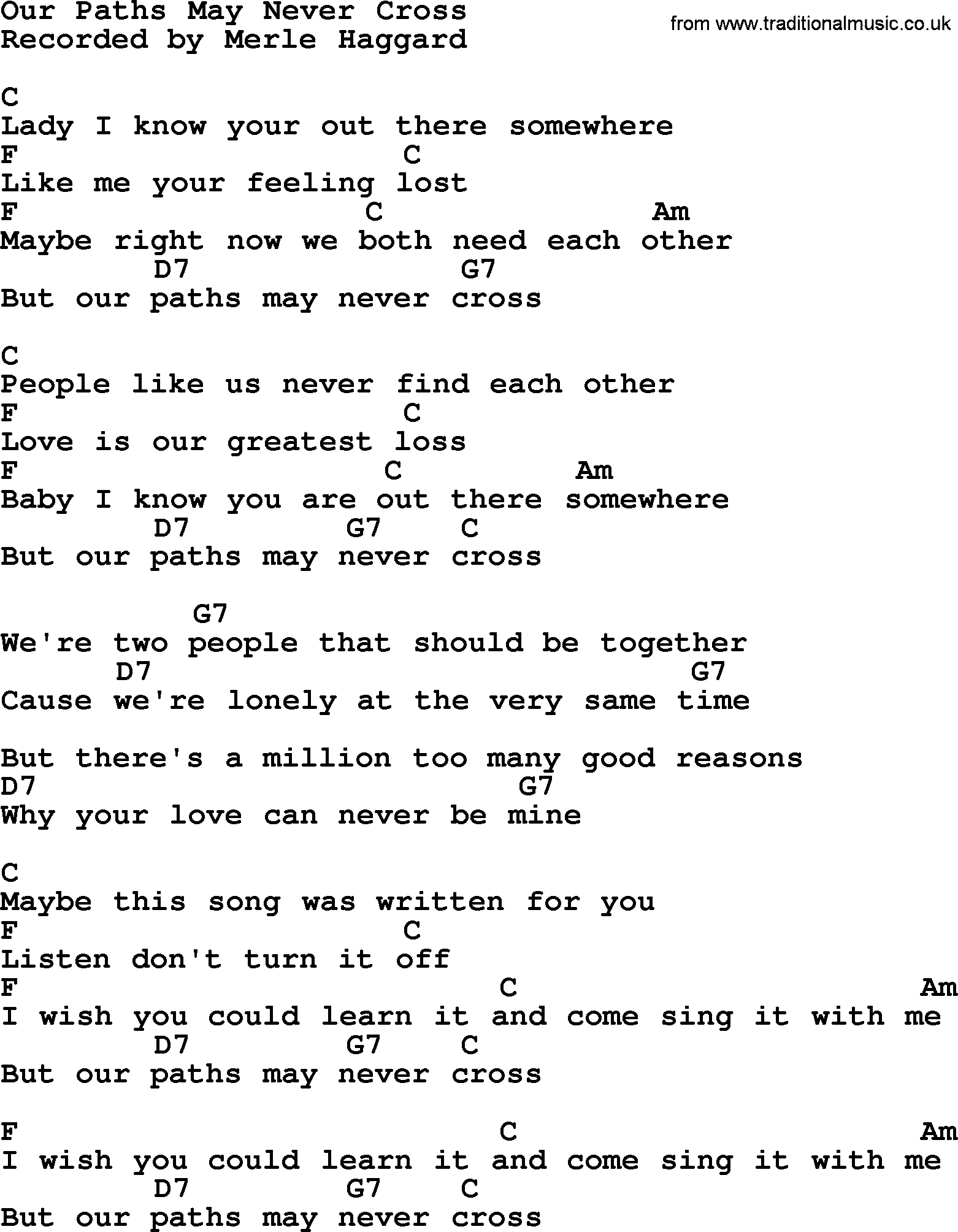 Merle Haggard song: Our Paths May Never Cross, lyrics and chords