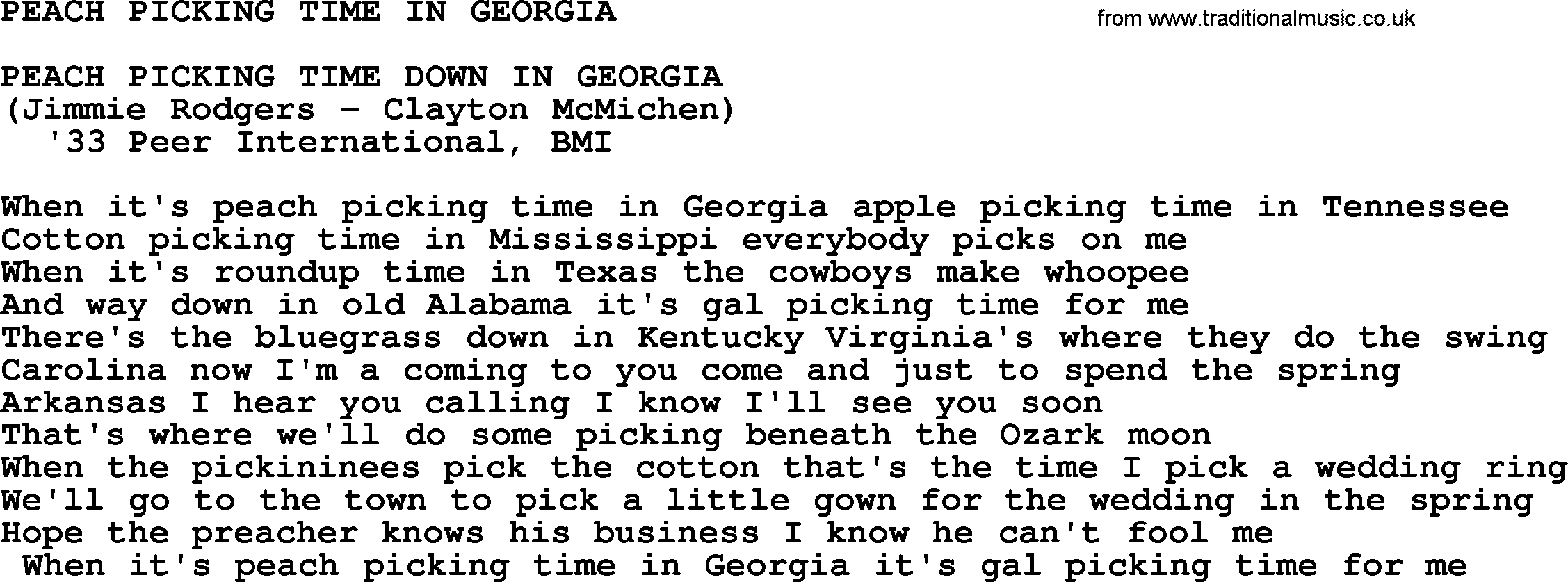 Merle Haggard song: Peach Picking Time In Georgia, lyrics.