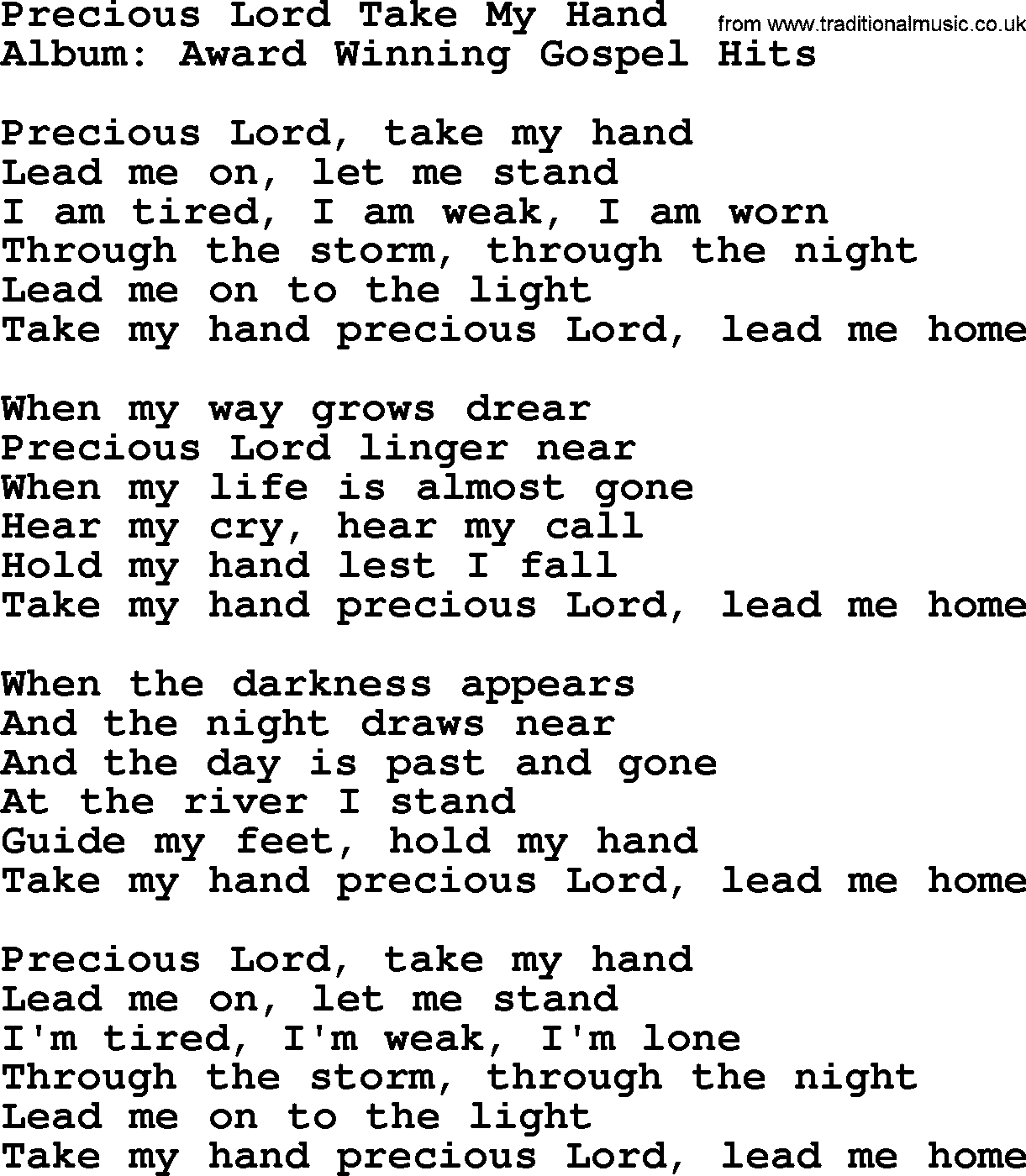 Merle Haggard song: Precious Lord Take My Hand, lyrics.