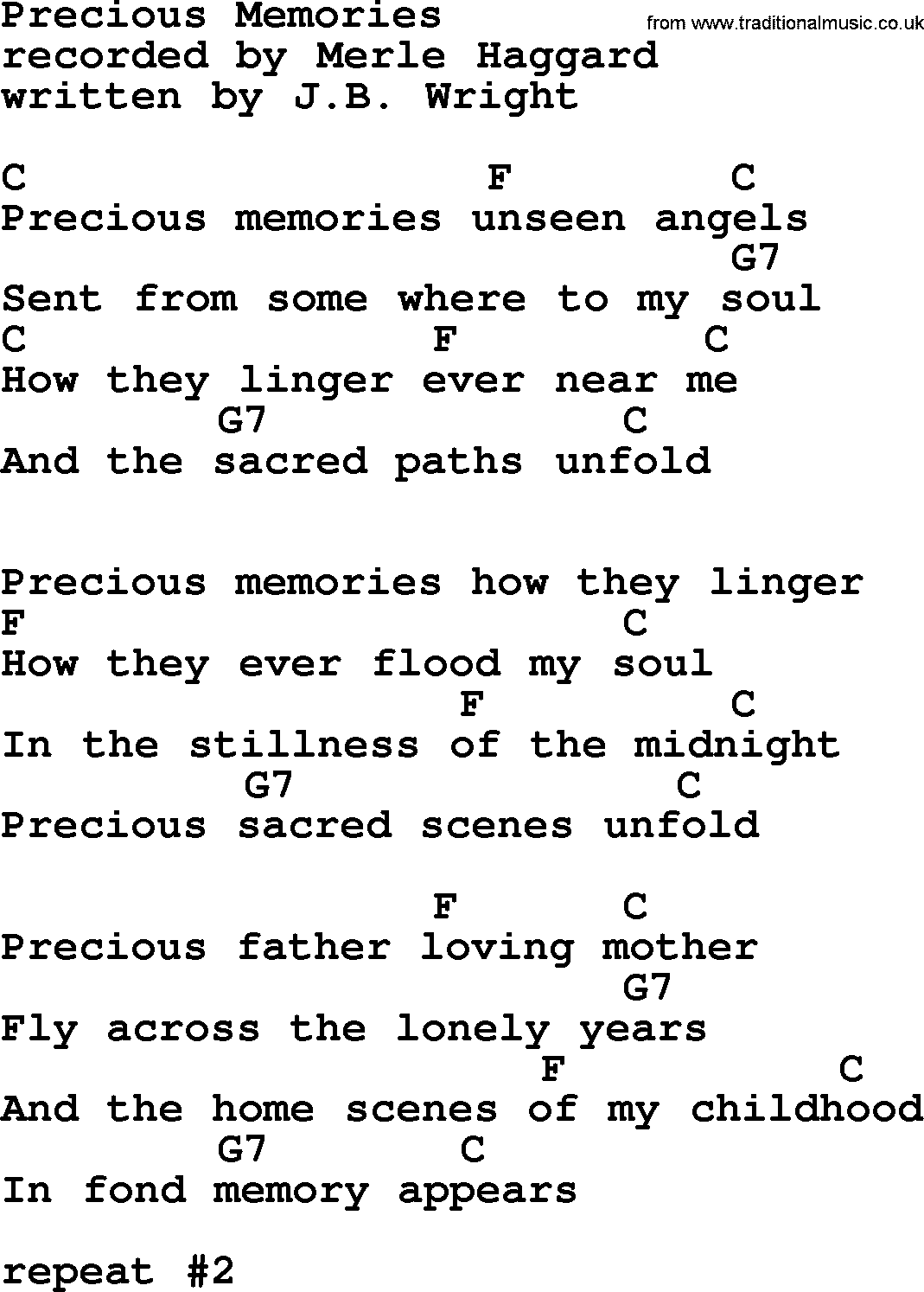 Merle Haggard song: Precious Memories, lyrics and chords
