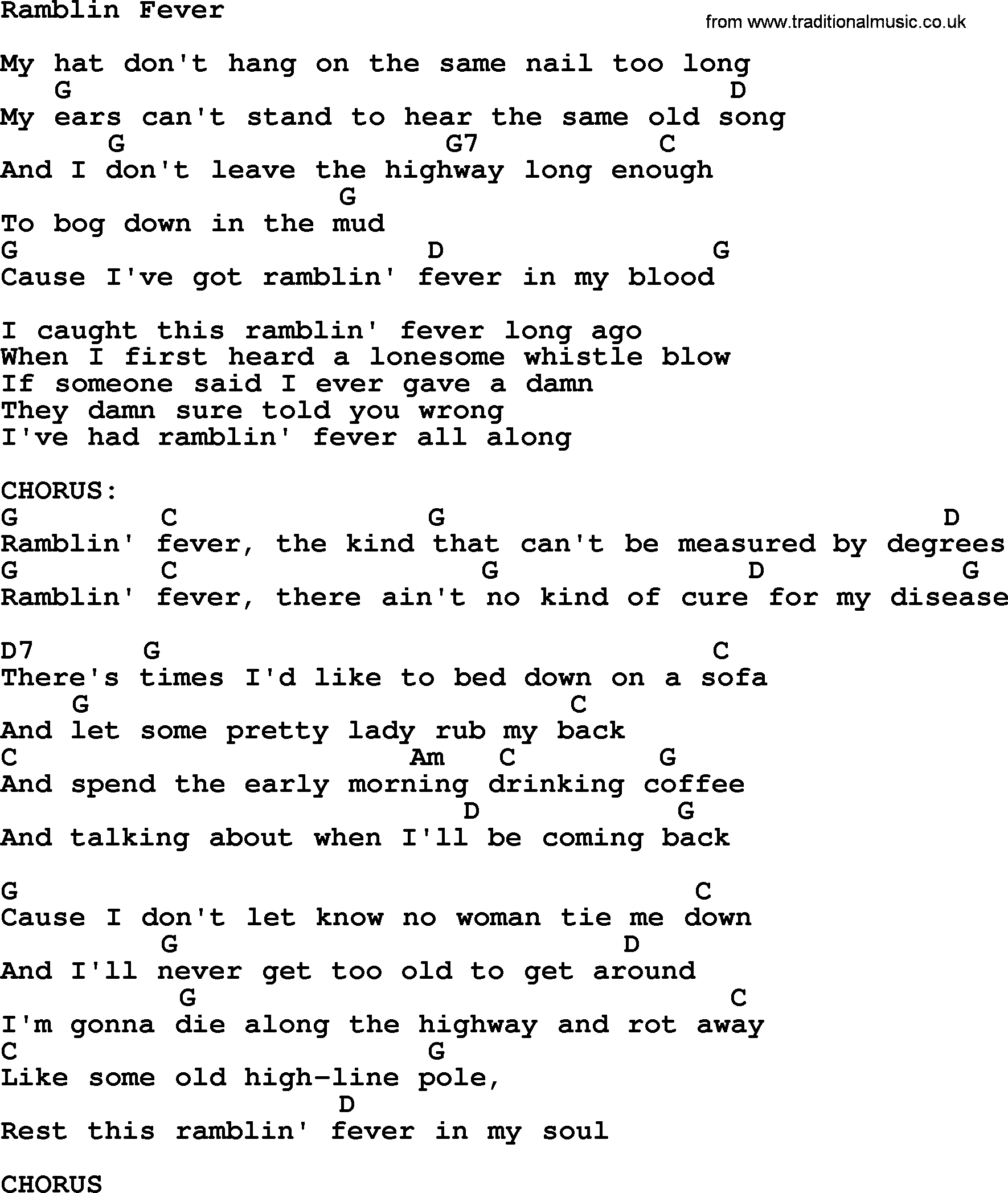 Merle Haggard song: Ramblin Fever, lyrics and chords