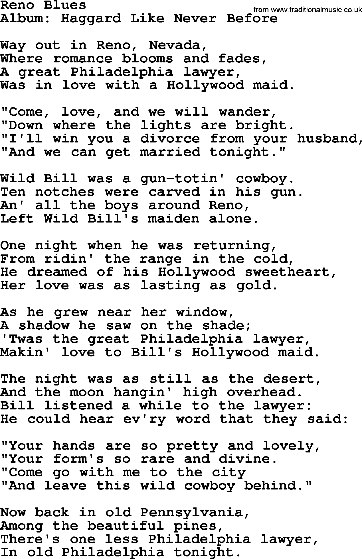 Merle Haggard song: Reno Blues, lyrics.