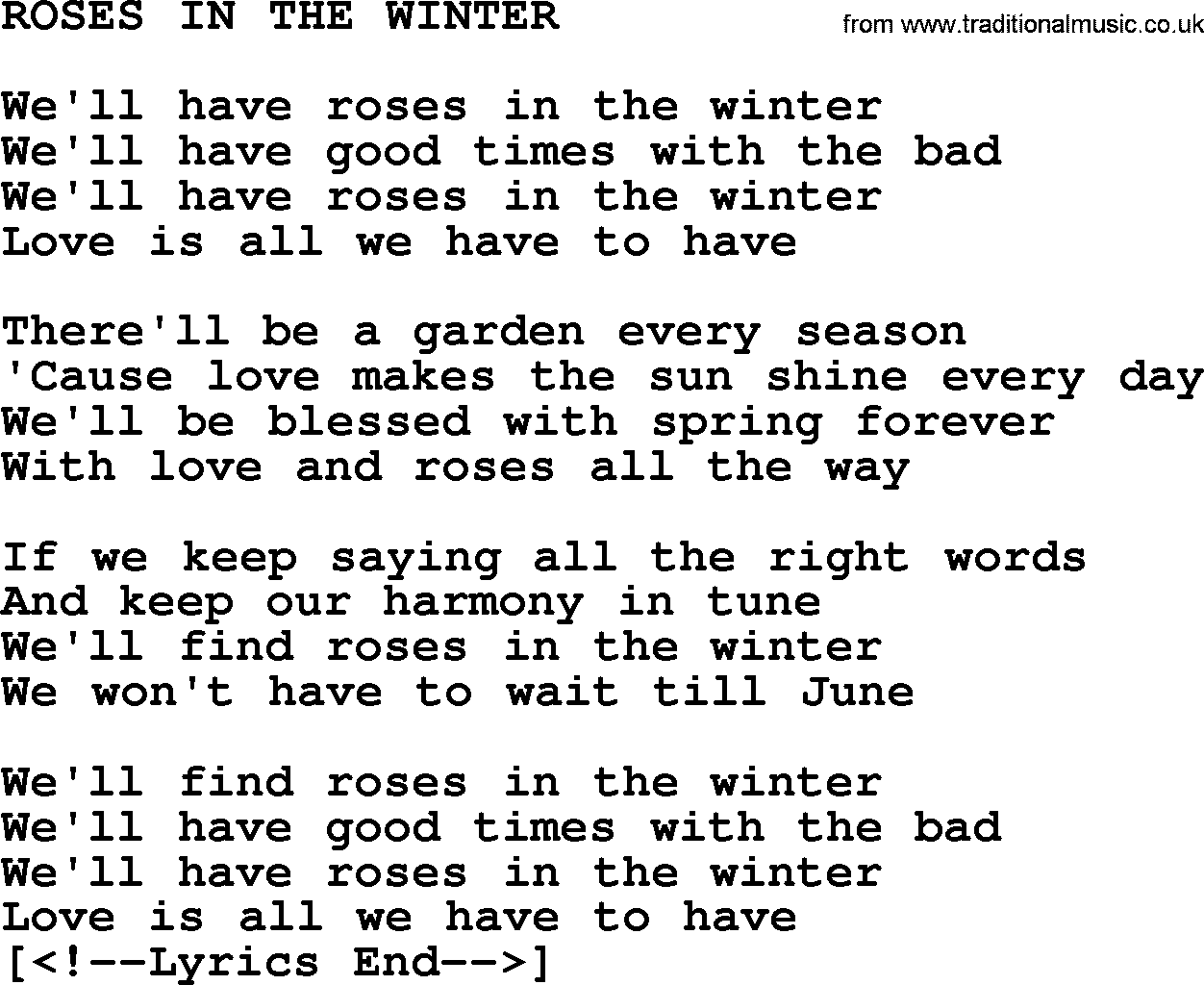 Merle Haggard song: Roses In The Winter, lyrics.