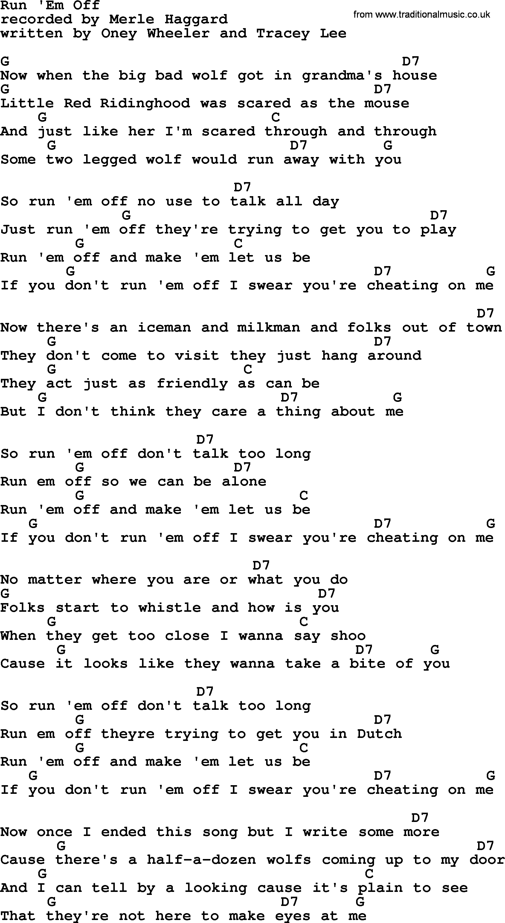 Merle Haggard song: Run 'Em Off, lyrics and chords