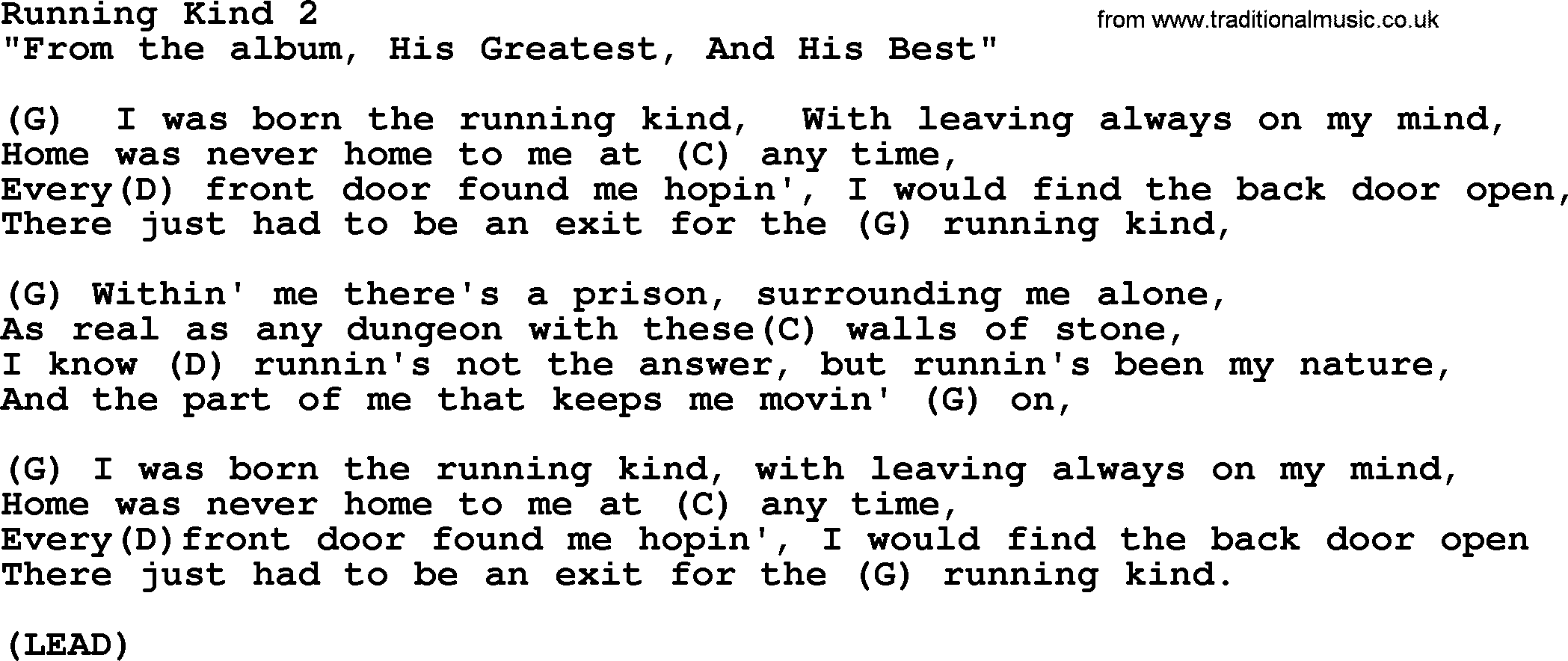 Merle Haggard song: Running Kind 2, lyrics and chords