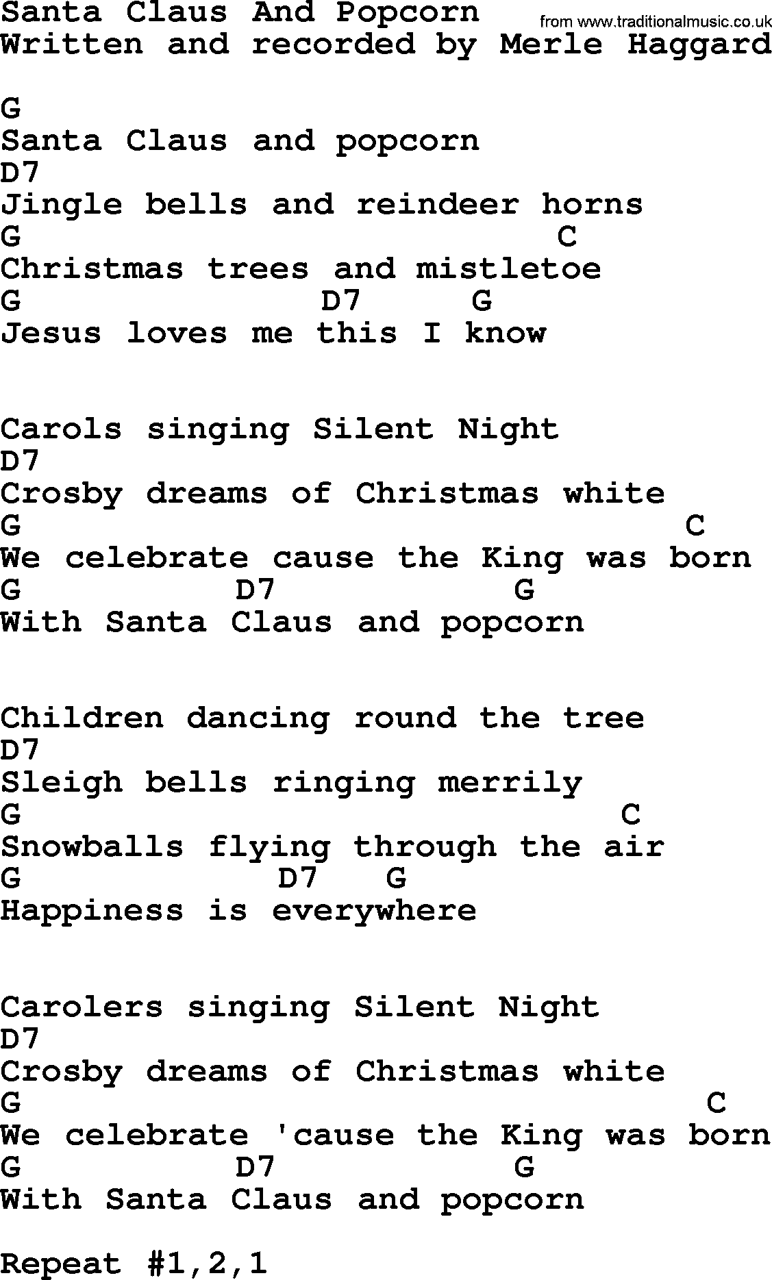 Merle Haggard song: Santa Claus And Popcorn, lyrics and chords