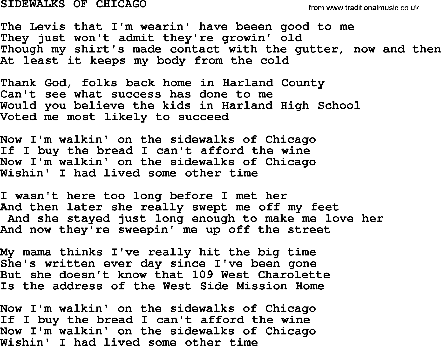 Merle Haggard song: Sidewalks Of Chicago, lyrics.