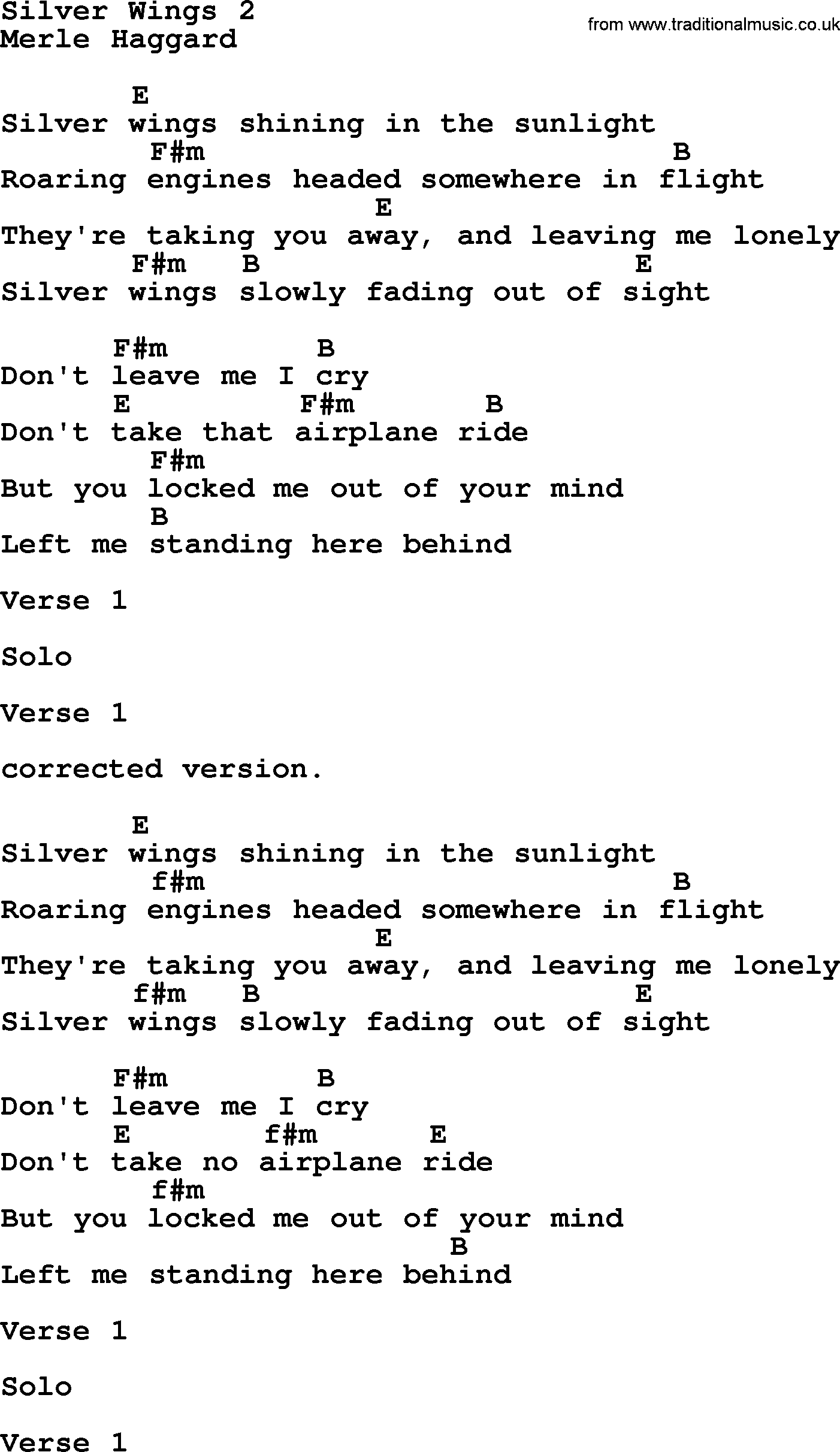 Merle Haggard song: Silver Wings 2, lyrics and chords