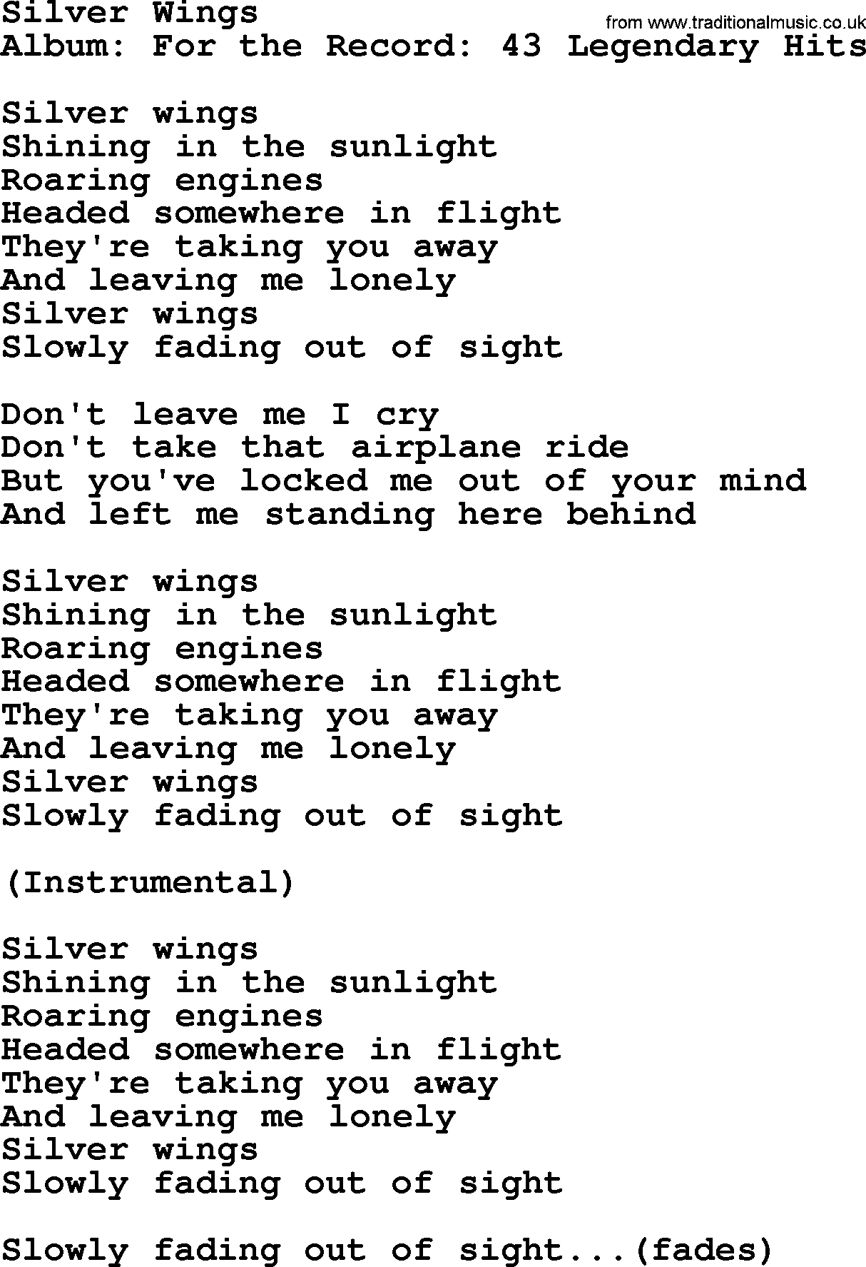 Merle Haggard song: Silver Wings, lyrics.