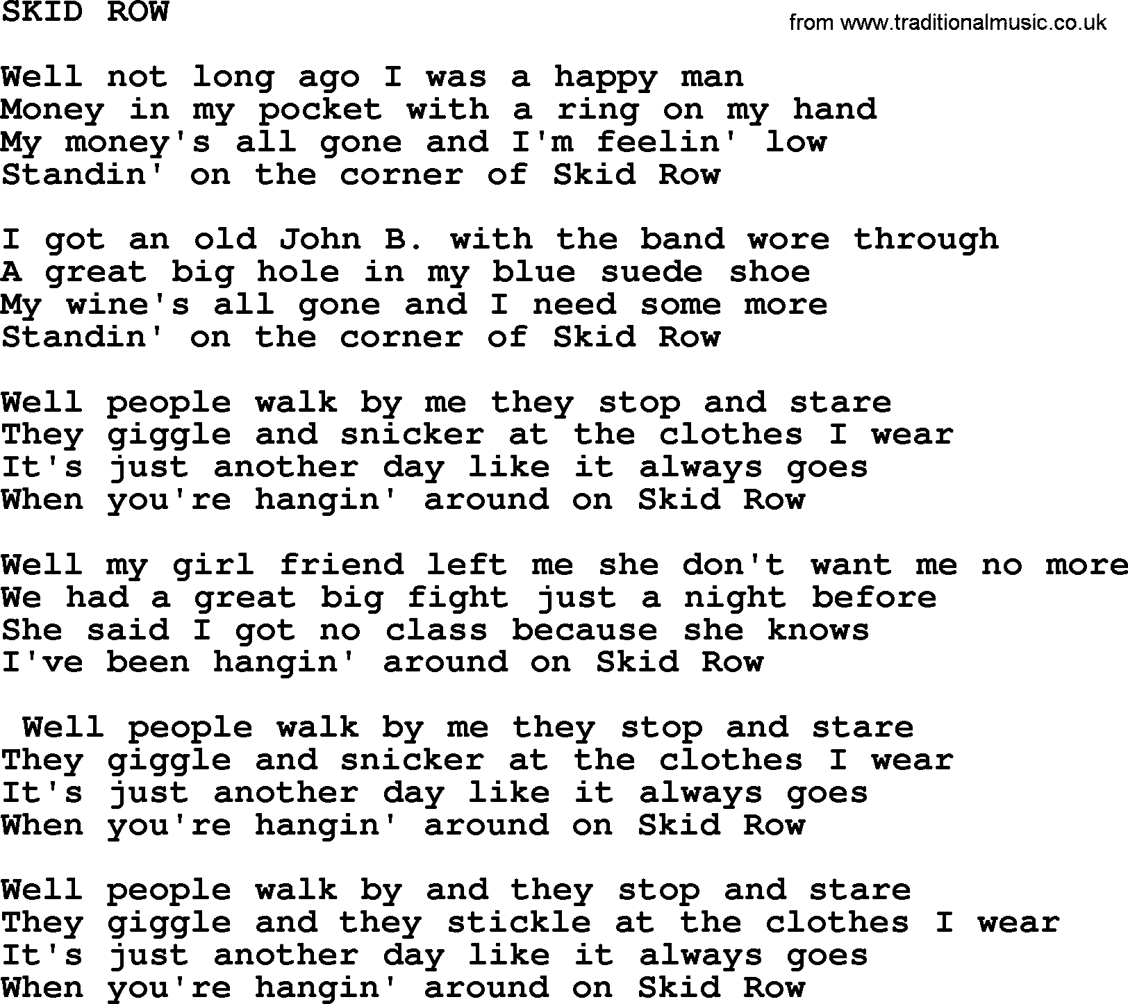Merle Haggard song: Skid Row, lyrics.