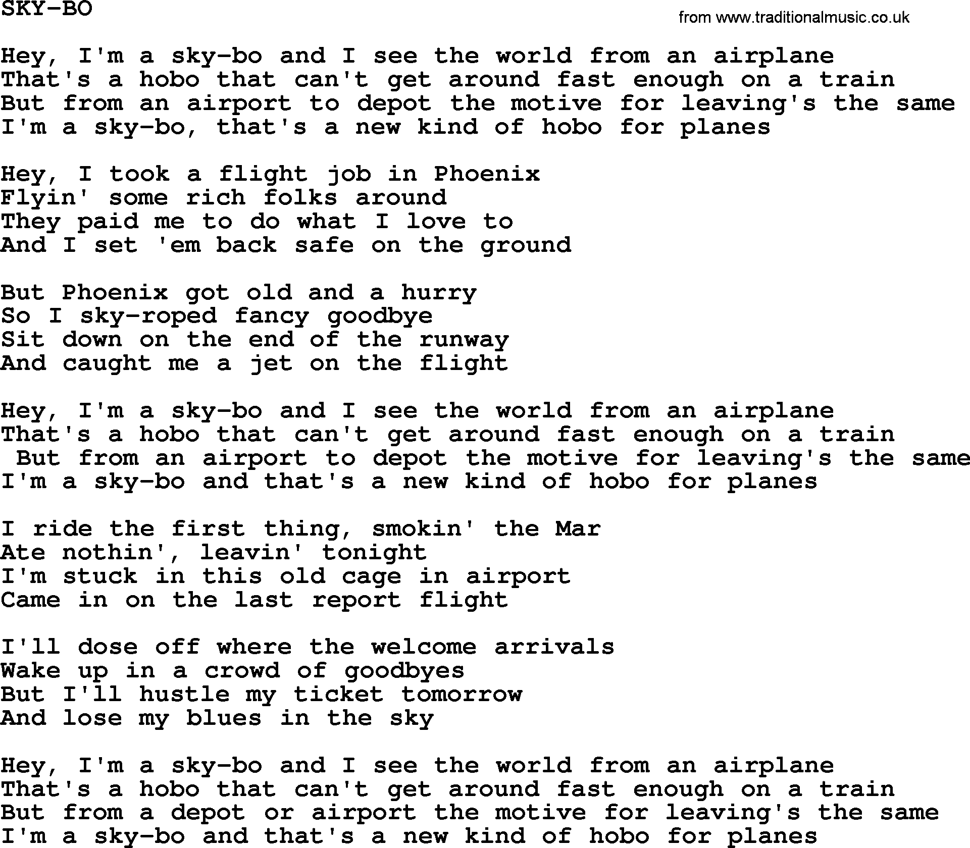 Merle Haggard song: Sky-bo, lyrics.