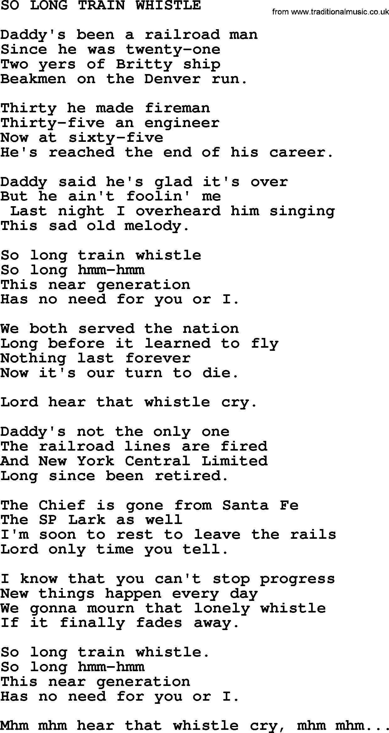 Merle Haggard song: So Long Train Whistle, lyrics.