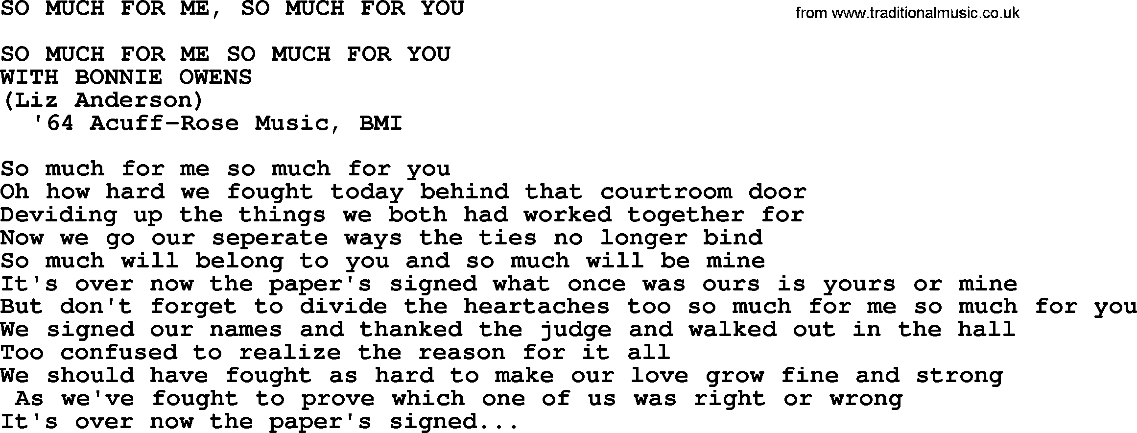 Merle Haggard song: So Much For Me, So Much For You, lyrics.