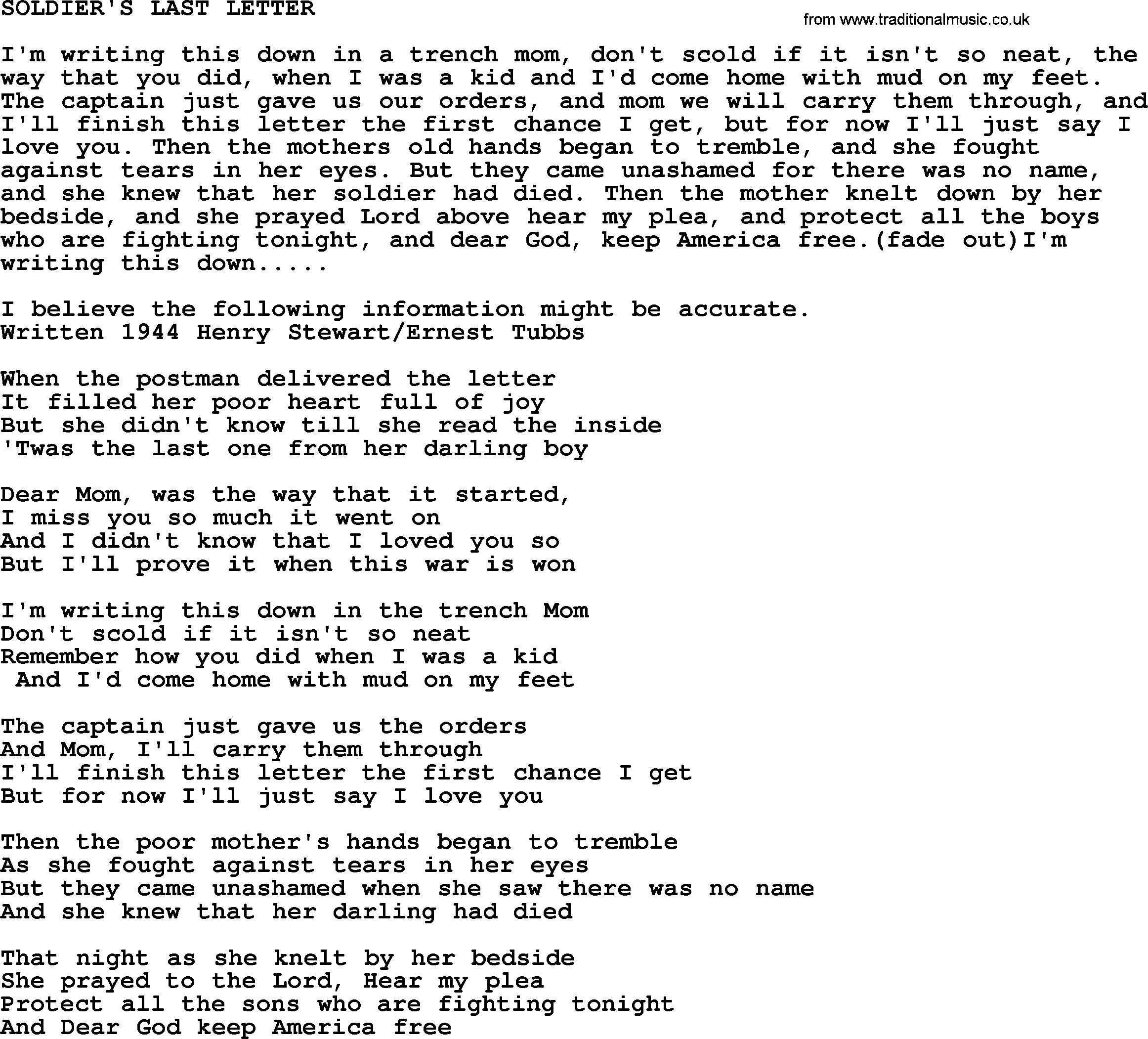 Merle Haggard song: Soldier's Last Letter, lyrics.