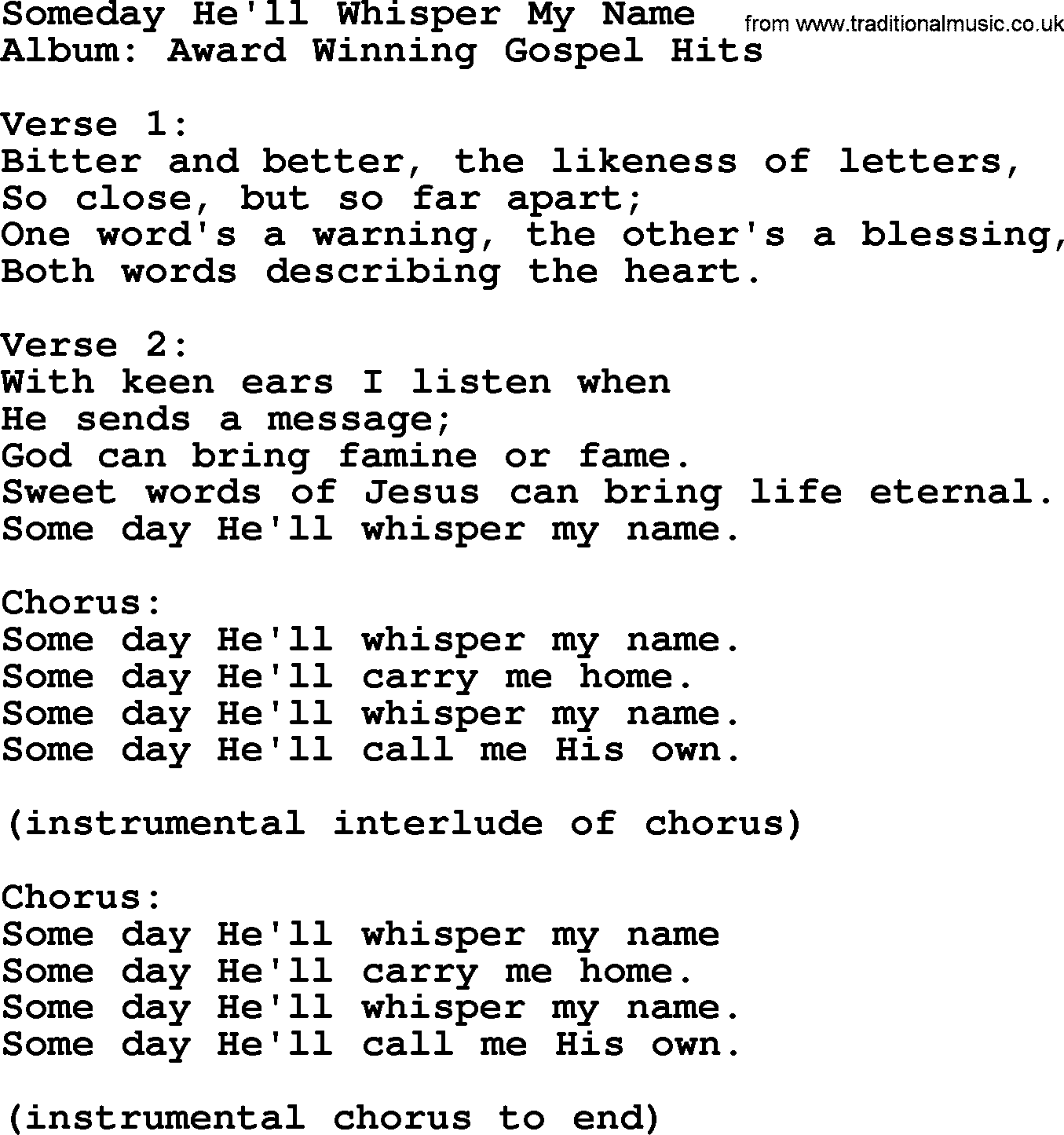 Merle Haggard song: Someday He'll Whisper My Name, lyrics.
