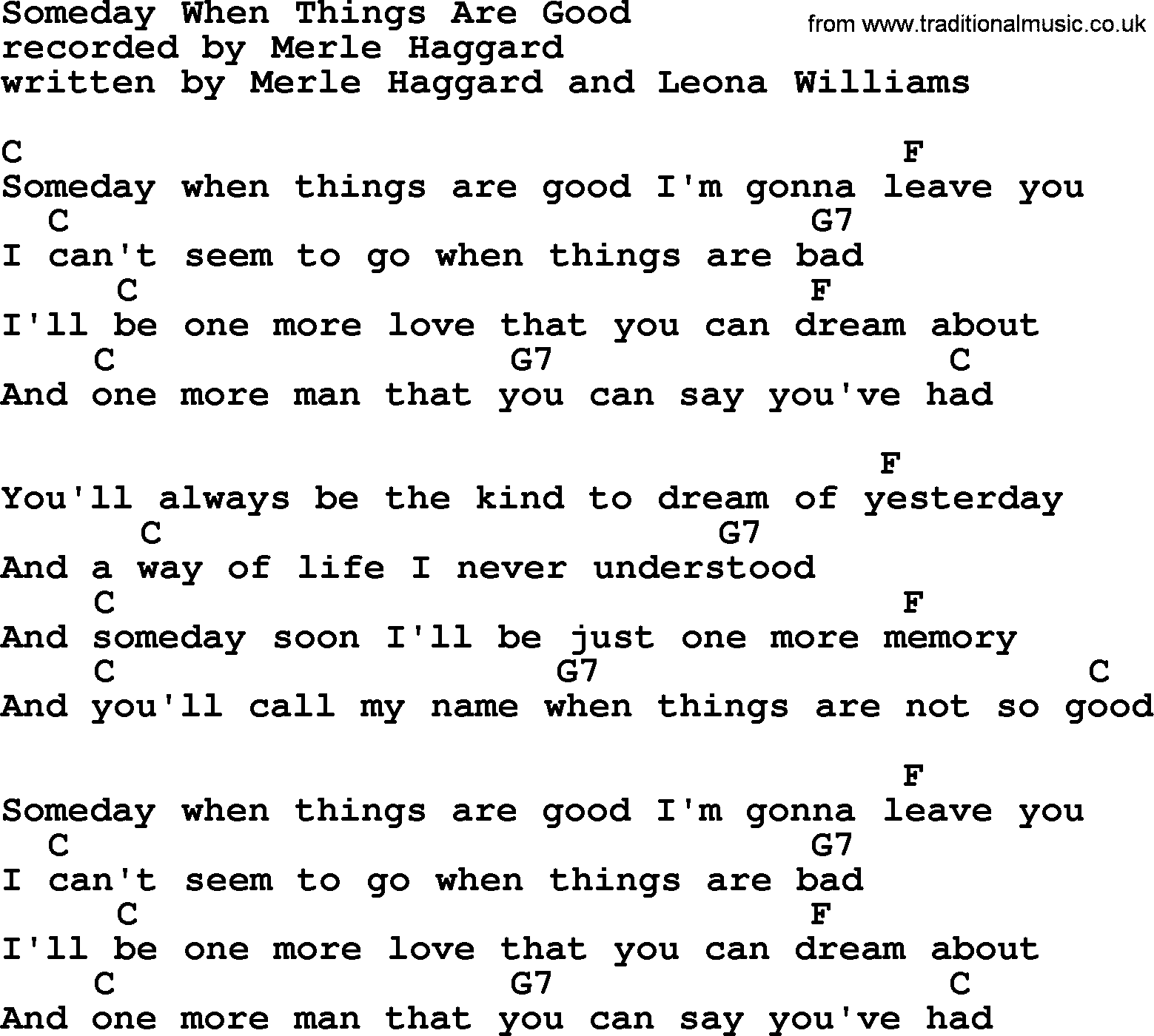 Merle Haggard song: Someday When Things Are Good, lyrics and chords